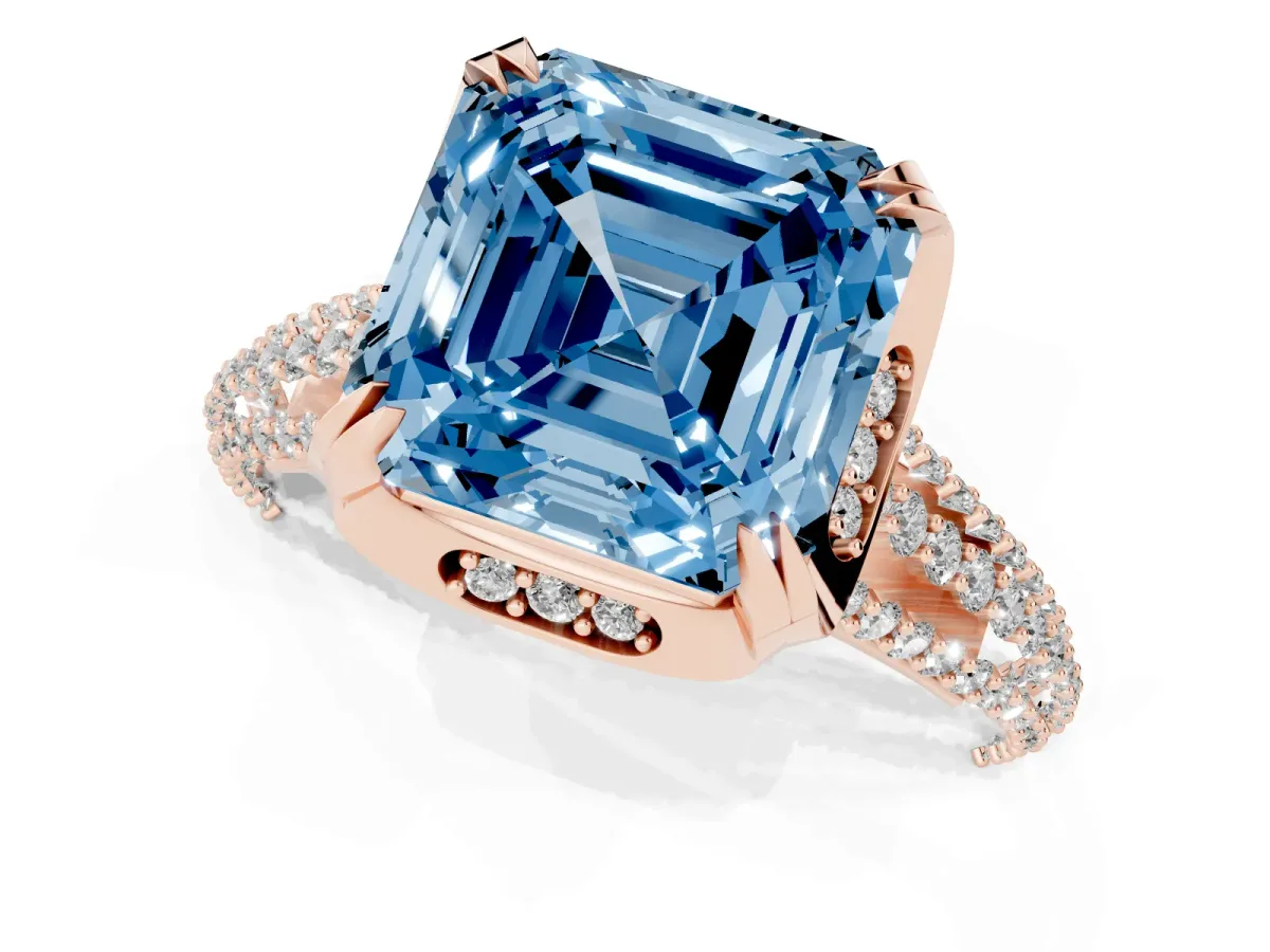 Fancy Blue Asscher Cut Solitaire Pave Split Shank Ring with Four-Prong Setting Rose gold