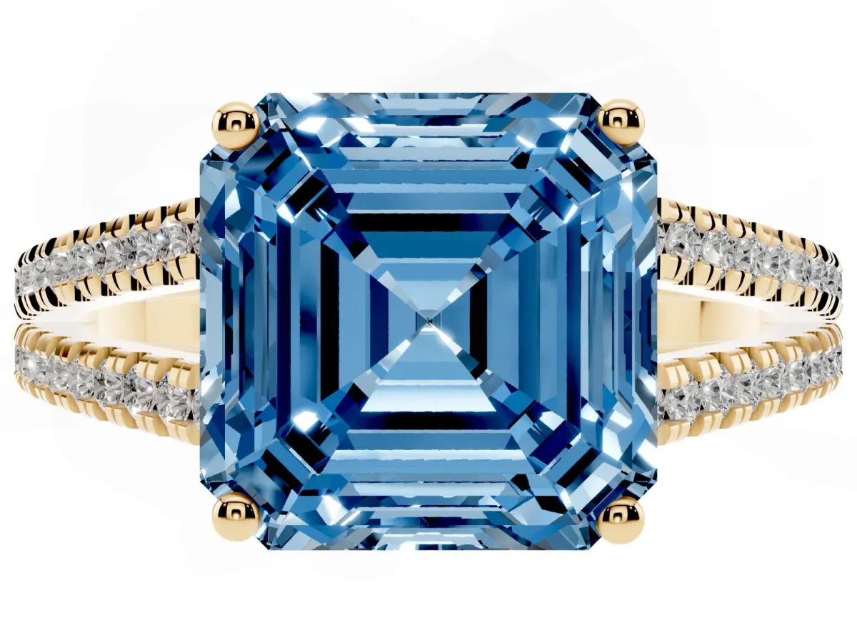 Fancy Blue Asscher Cut Diamond Solitaire Engagement Ring with Split Shank Pavé Band Yellow gold