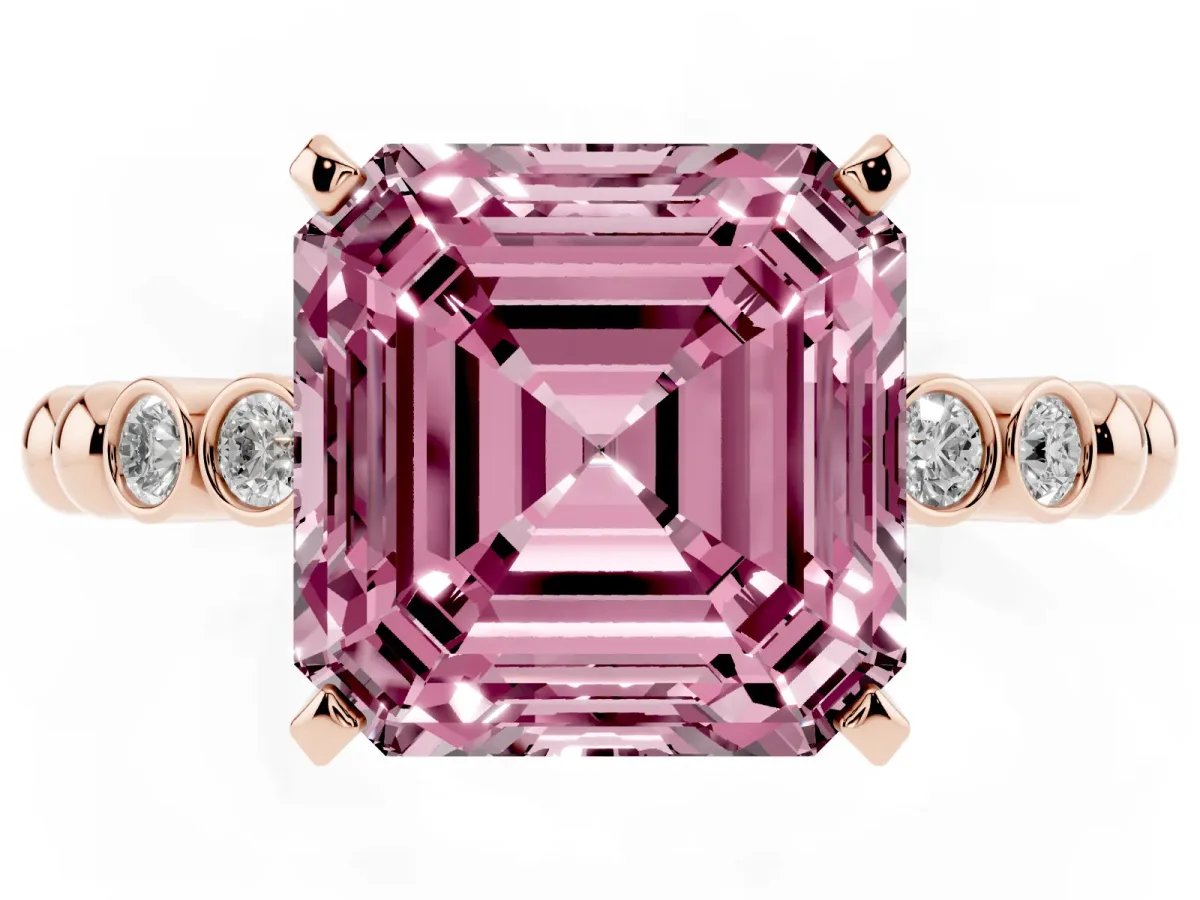 Fancy Pink Asscher Cut Solitaire Bezel Accent Diamond Engagement Ring with Beaded Band and Four-Prong Setting Rose gold