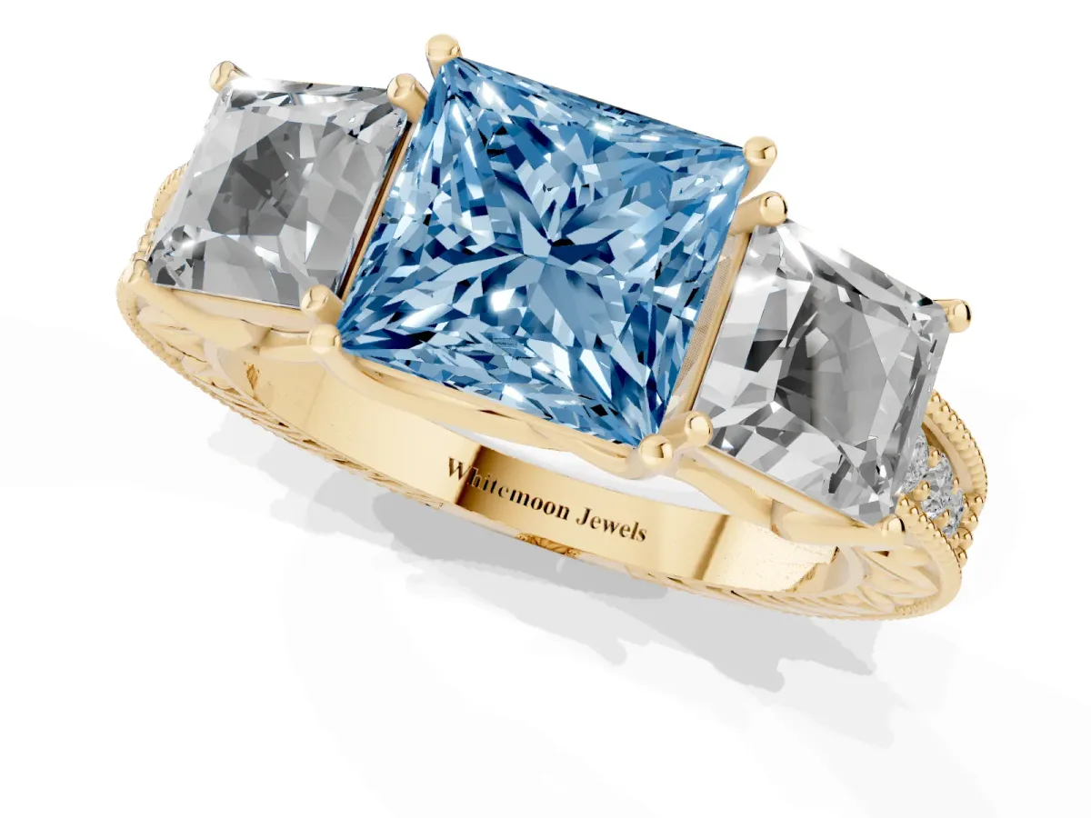 Fancy Blue Three-Stone Princess Cut Cut Milgrain Pavé Engagement Ring Yellow gold