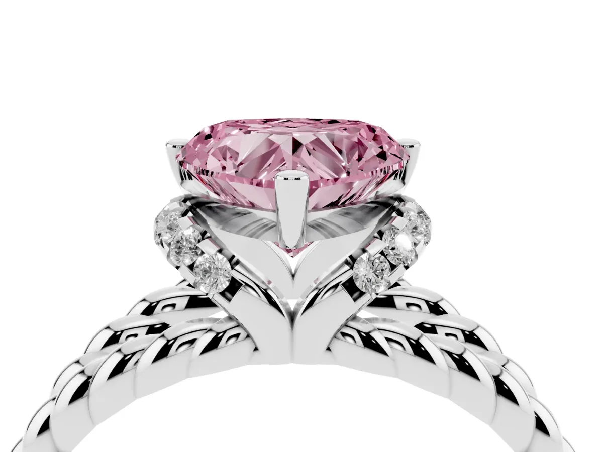 Fancy Pink Heart Cut Halo Twisted Band Four-Prong Ring Silver