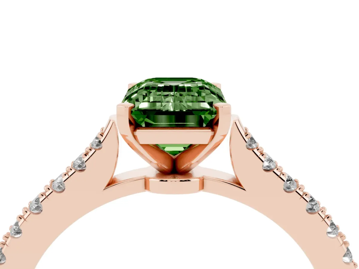 Fancy Green Emerald Cut Cut Solitaire Diamond Engagement Ring with Pave Band and Four-Prong Setting Rose gold