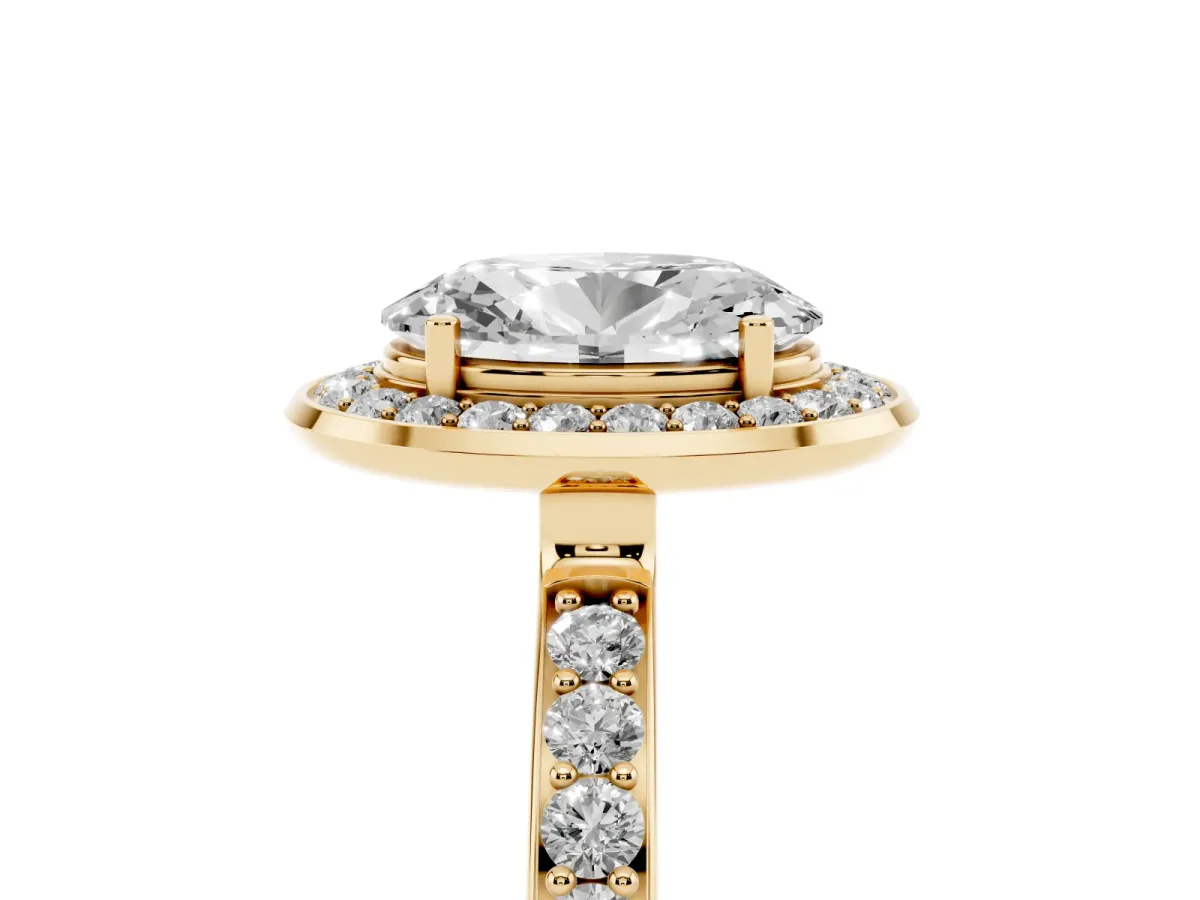 Oval Cut Diamond Halo Ring with Bezel Frame and Pavé Band Yellow gold