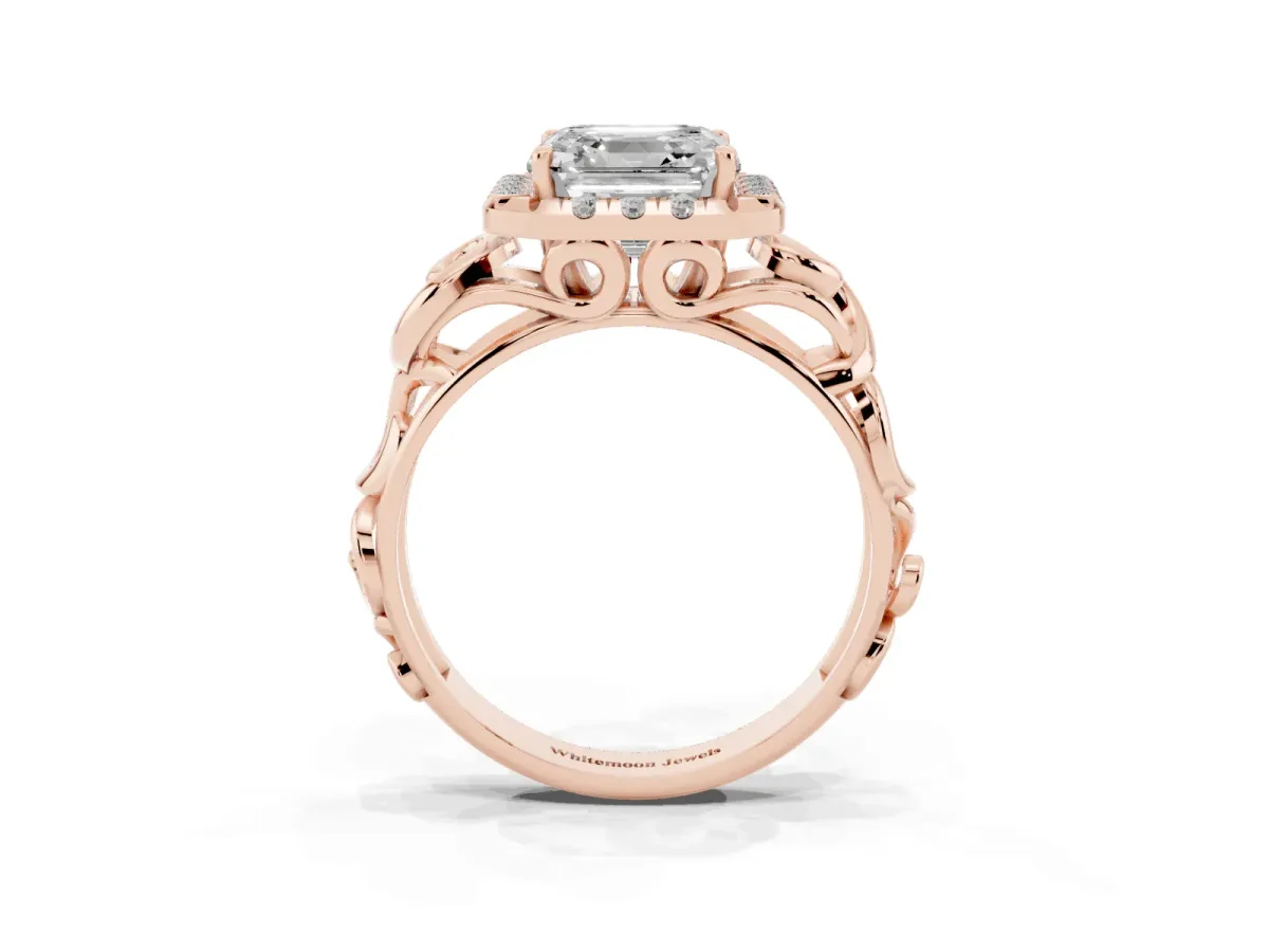 Asscher Cut Cut Halo Diamond Ring with Scrollwork Band and Four-Prong Setting Rose gold