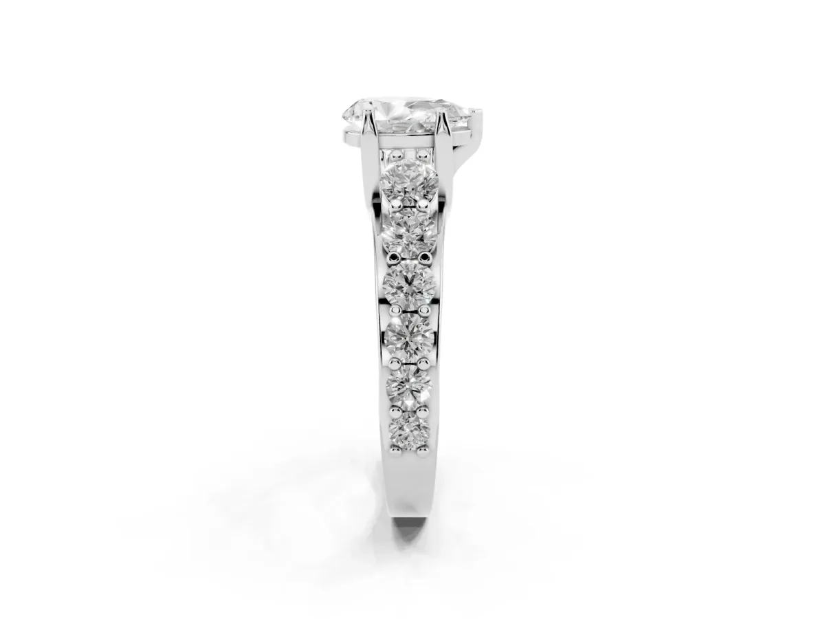 Pear Cut Diamond Engagement Ring with Pavé Band and Four-Prong Setting Platinum