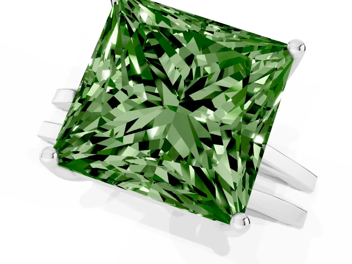 Fancy Green Princess Cut Cut Diamond Solitaire Engagement Ring with Tapered Plain Band and Four-Prong Setting Silver