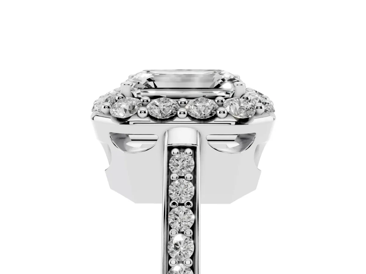 Emerald Cut Diamond Floral Halo Ring with Pavé Band and Prong Setting Platinum