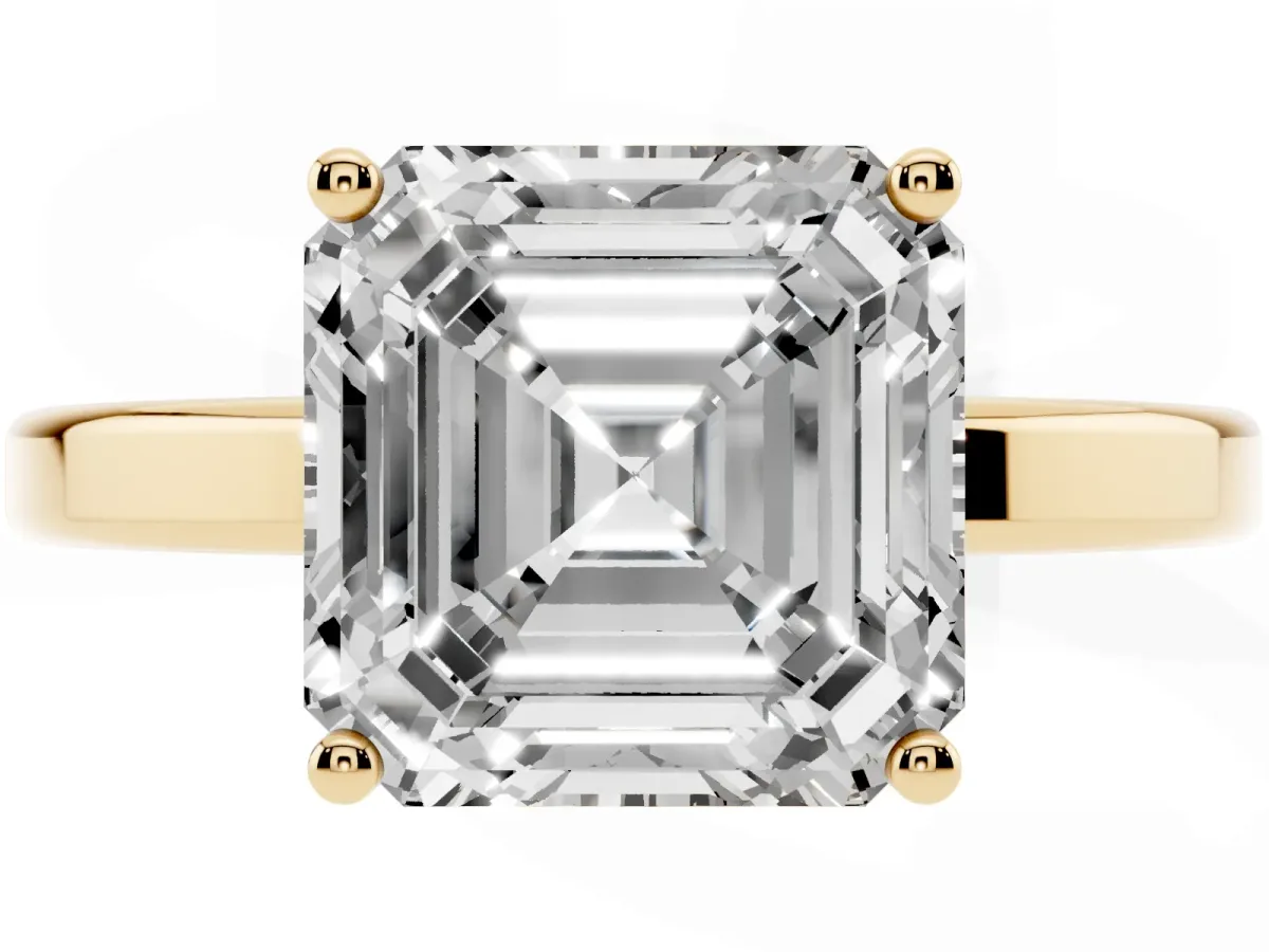 Asscher Cut Cut Solitaire Engagement Ring with Four-Prong Setting on a Classic Band Yellow gold
