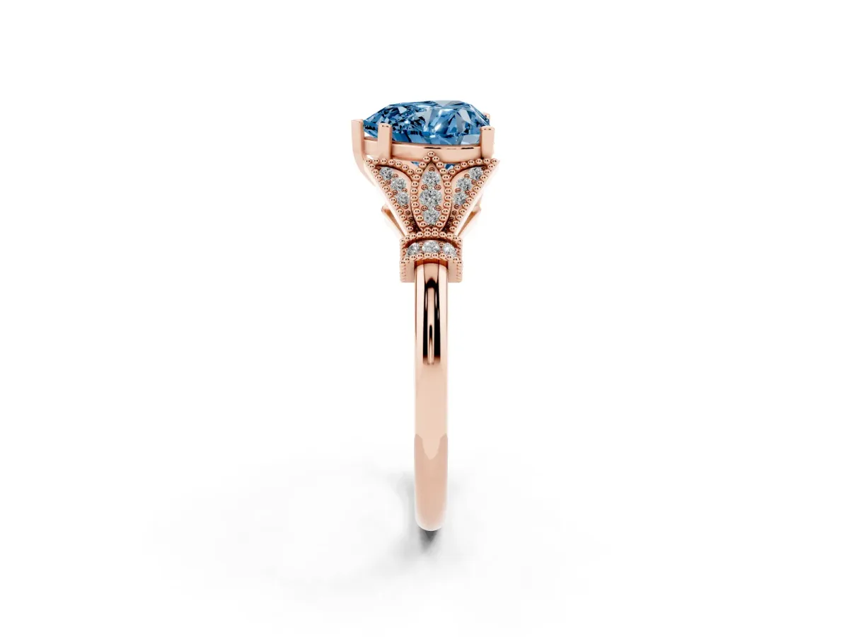 Fancy Blue Heart Cut Diamond Solitaire Ring with Floral Filigree and Pave Accents Rose gold