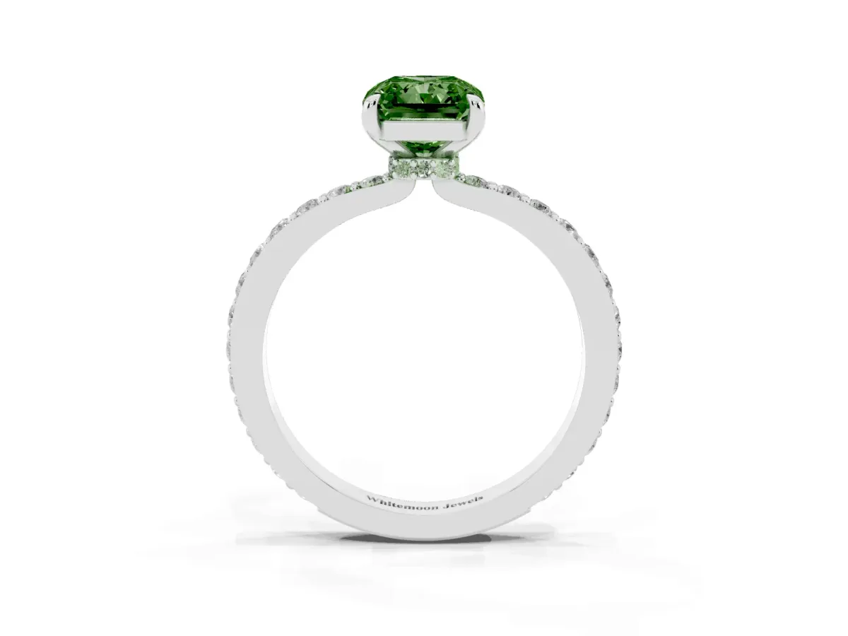 Fancy Green Radiant Cut Diamond Pavé Engagement Ring with Round Accents and Prong Setting Platinum