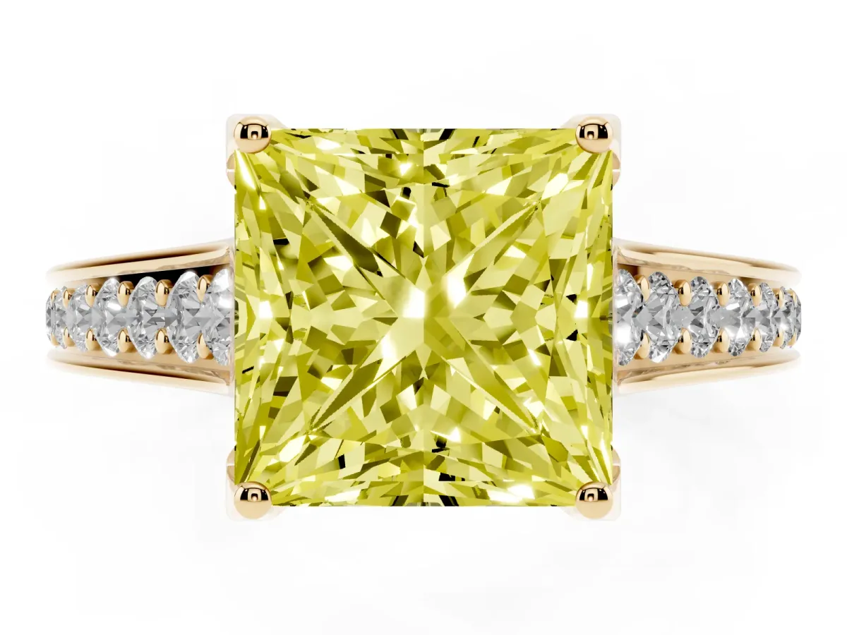 Fancy Yellow Princess Cut Brilliant Cut Diamond Engagement Ring with Pavé Band and Four-Prong Setting Yellow gold