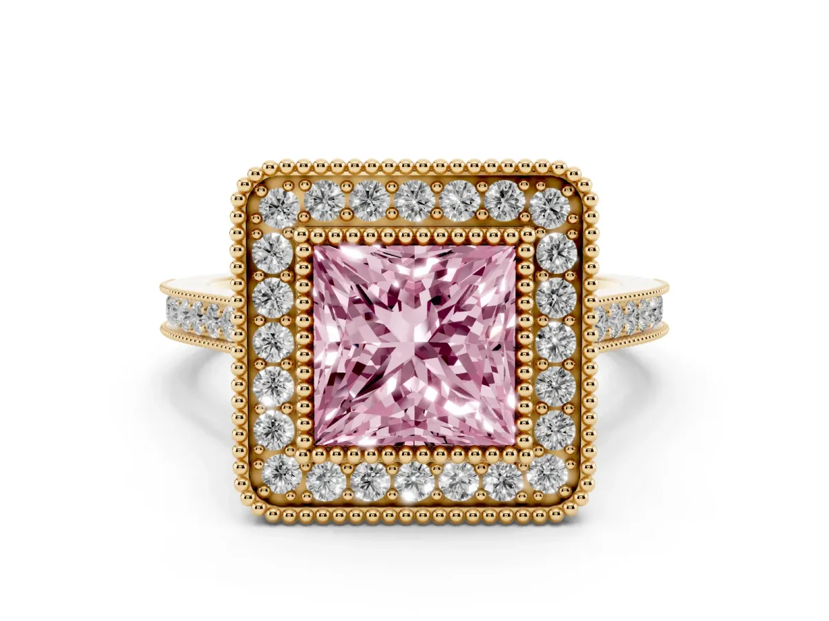 Fancy Pink Princess Cut Diamond Halo Ring with Milgrain Frame and Pavé Band Yellow gold