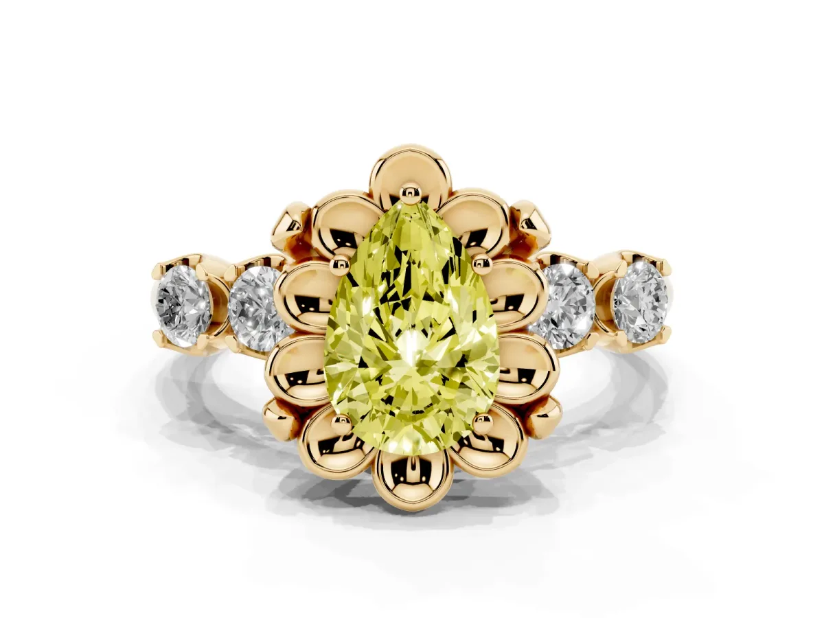 Fancy Yellow Pear Cut Cut Diamond Floral Halo Engagement Ring with Shared Prong Setting Yellow gold