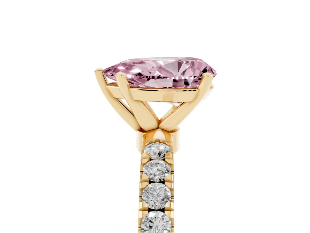 Fancy Pink Pear Cut Diamond Solitaire Ring with Pavé Accents and Four-Prong Setting Yellow gold