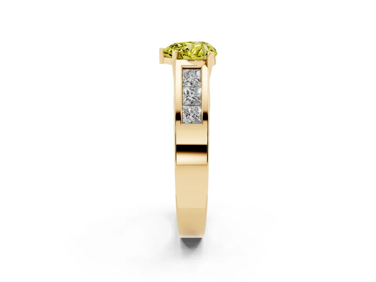 Fancy Yellow Heart Cut Cut Channel Set Solitaire Ring with Four-Prong Setting Yellow gold