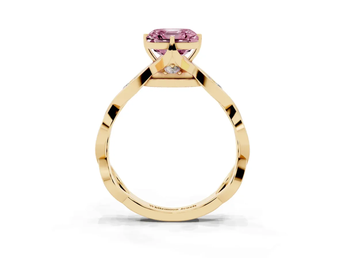 Fancy Pink Asscher Cut Solitaire Twist Band with Leaf Prong Setting Yellow gold