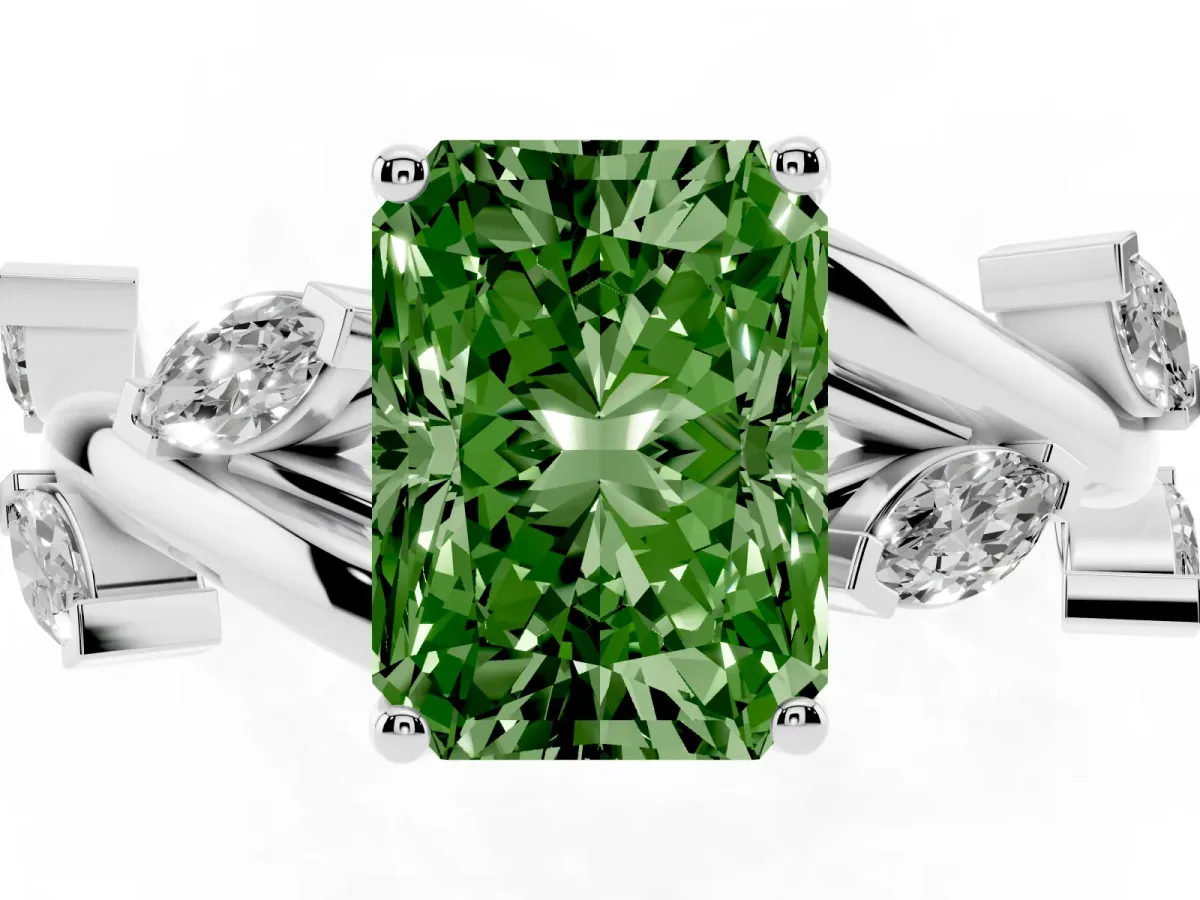 Fancy Green Radiant Cut Solitaire Twisted Band Marquise Accent Prong Setting Ring Silver