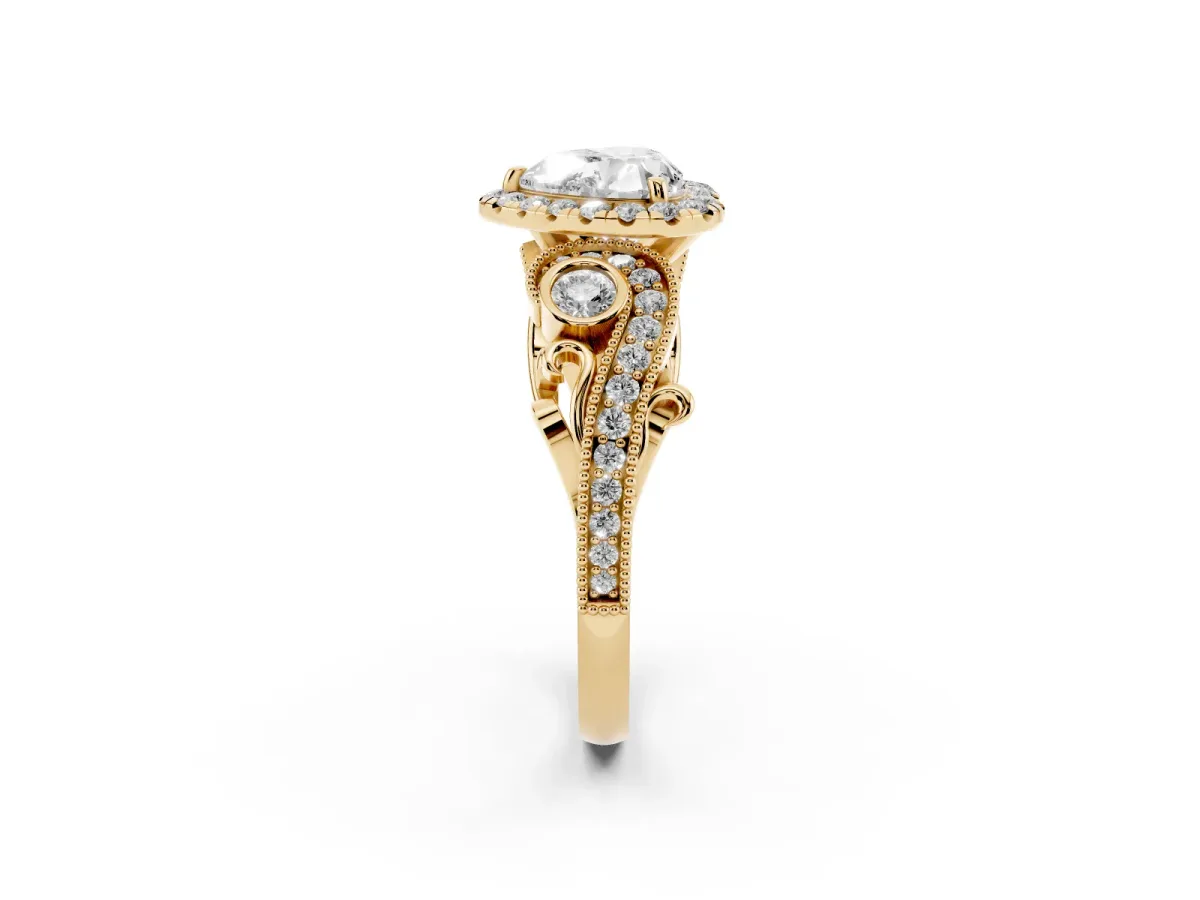 Heart Cut Diamond Halo Ring with Milgrain Pavé Band and Four-Prong Setting Yellow gold
