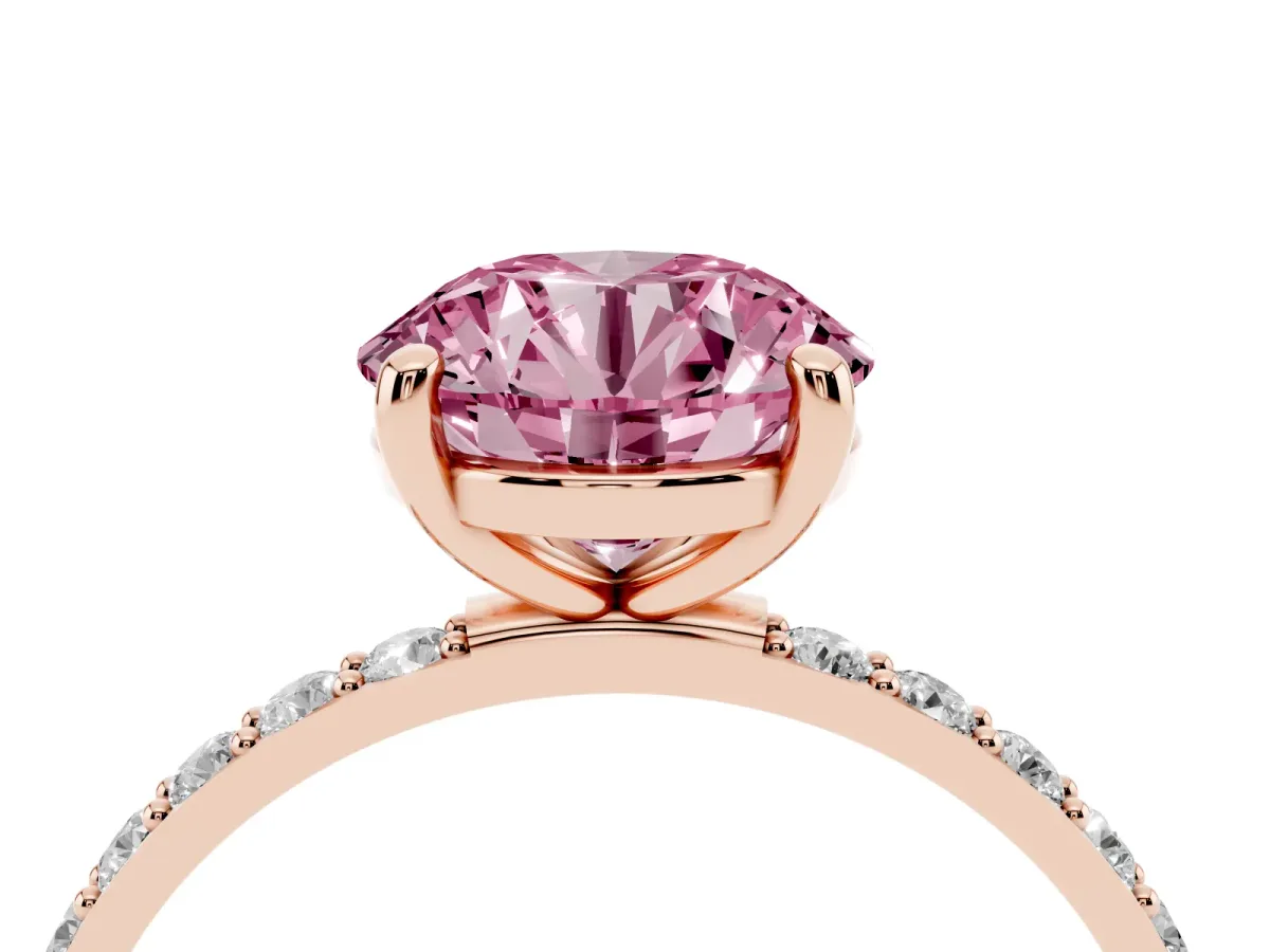 Fancy Pink Round Cut Diamond Solitaire Ring with Round Pavé Band and Prong Setting Rose gold