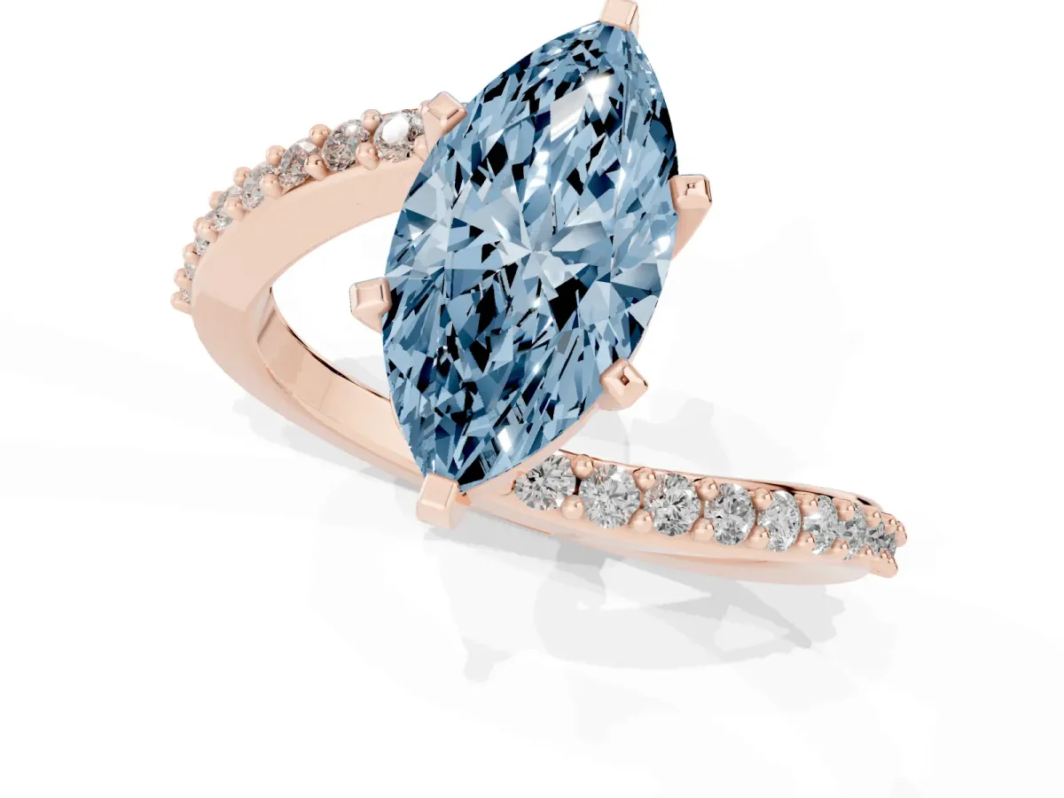 Fancy Blue Marquise Cut Solitaire Twist Band with Pave Set Diamonds and Four-Prong Setting Rose gold