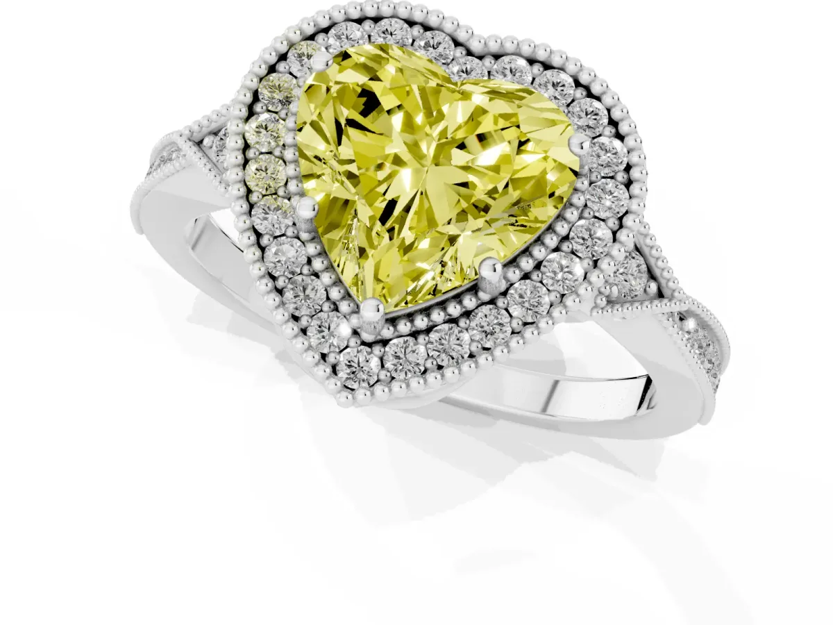 Fancy Yellow Heart Cut Halo Round Diamond Milgrain Pave Engagement Ring Platinum