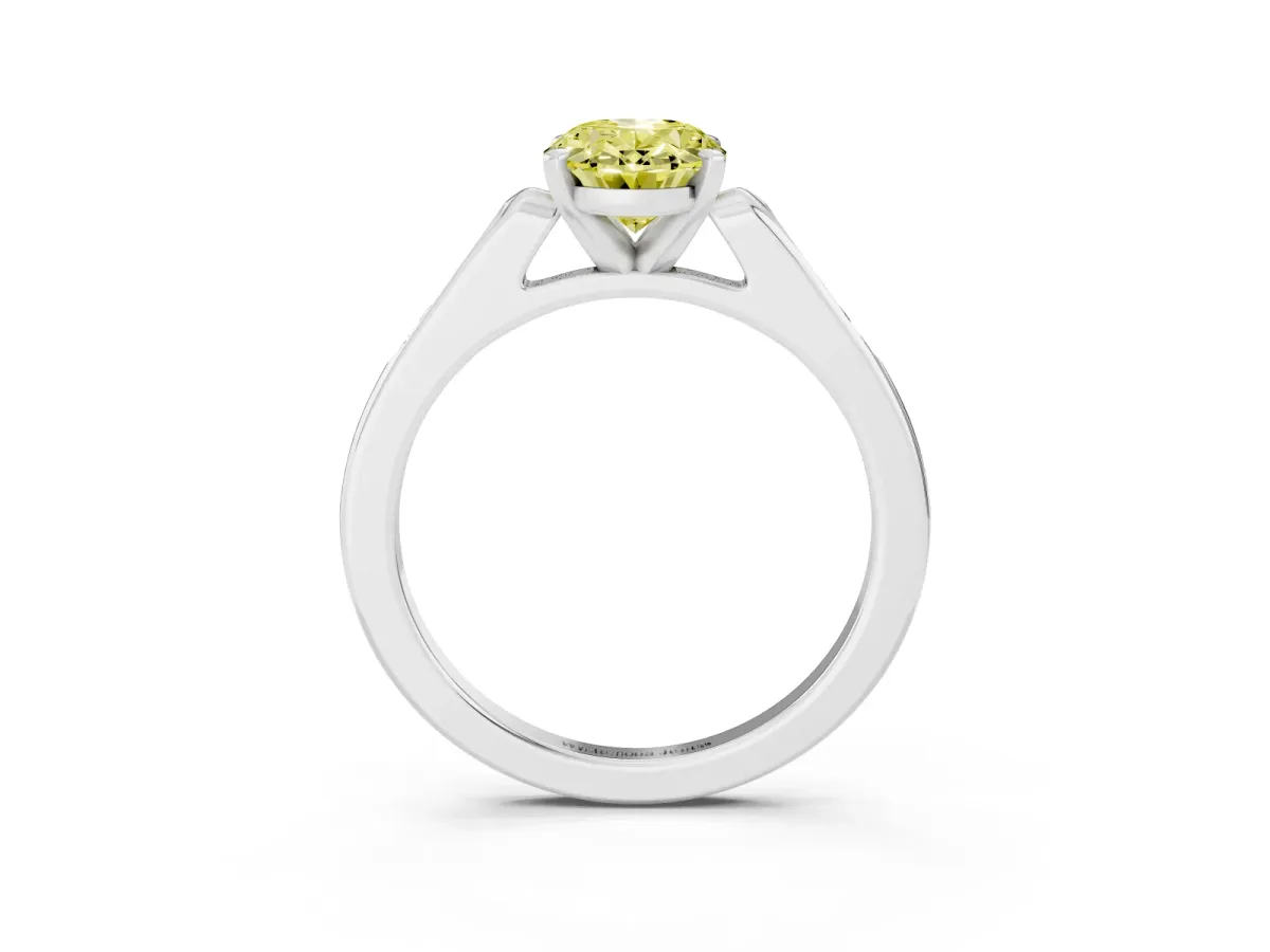 Fancy Yellow Oval Cut Diamond Solitaire Ring with Channel Set Round Band and Prong Setting Silver