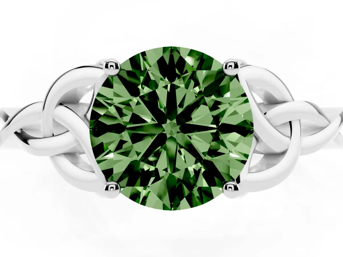 Fancy Green Round Cut Diamond Solitaire Engagement Ring with Celtic Knot Band and Four-Prong Setting Silver