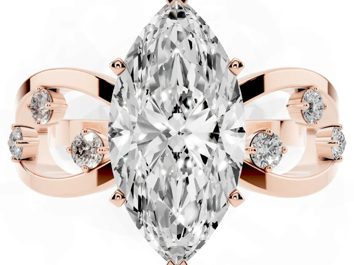 Marquise Cut Cut Solitaire Diamond with Side Stones on Criss-Cross Band and Four-Prong Setting Rose gold
