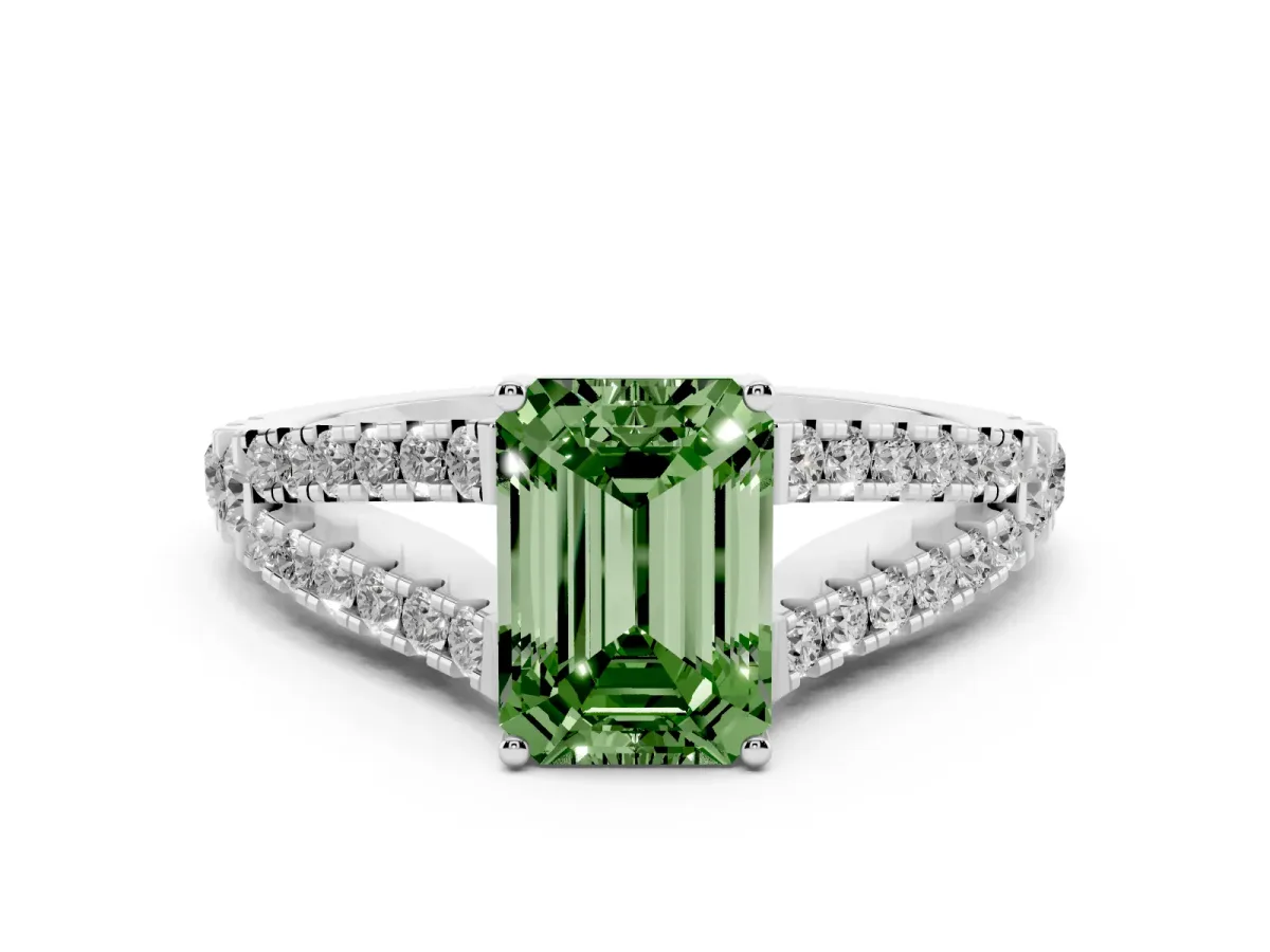 Fancy Green Emerald Cut Diamond Split Shank Pavé Engagement Ring with Four-Prong Setting White gold