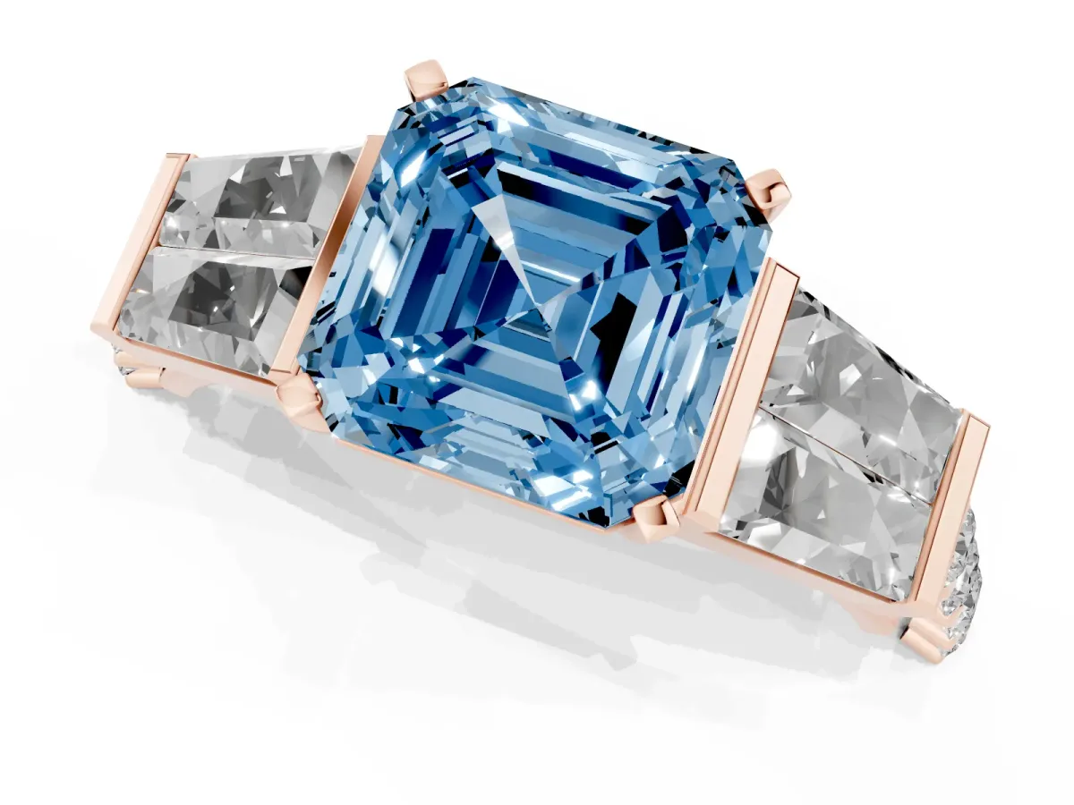Fancy Blue Asscher Cut Diamond Engagement Ring with Baguette Side Stones and Channel Set Band Rose gold