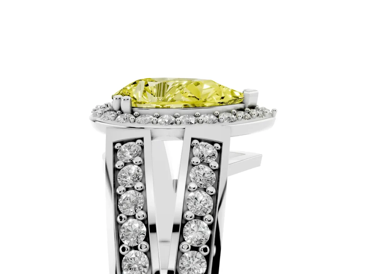 Fancy Yellow Pear Cut Diamond Halo Ring with Split Shank Pavé Band and Four-Prong Setting Platinum