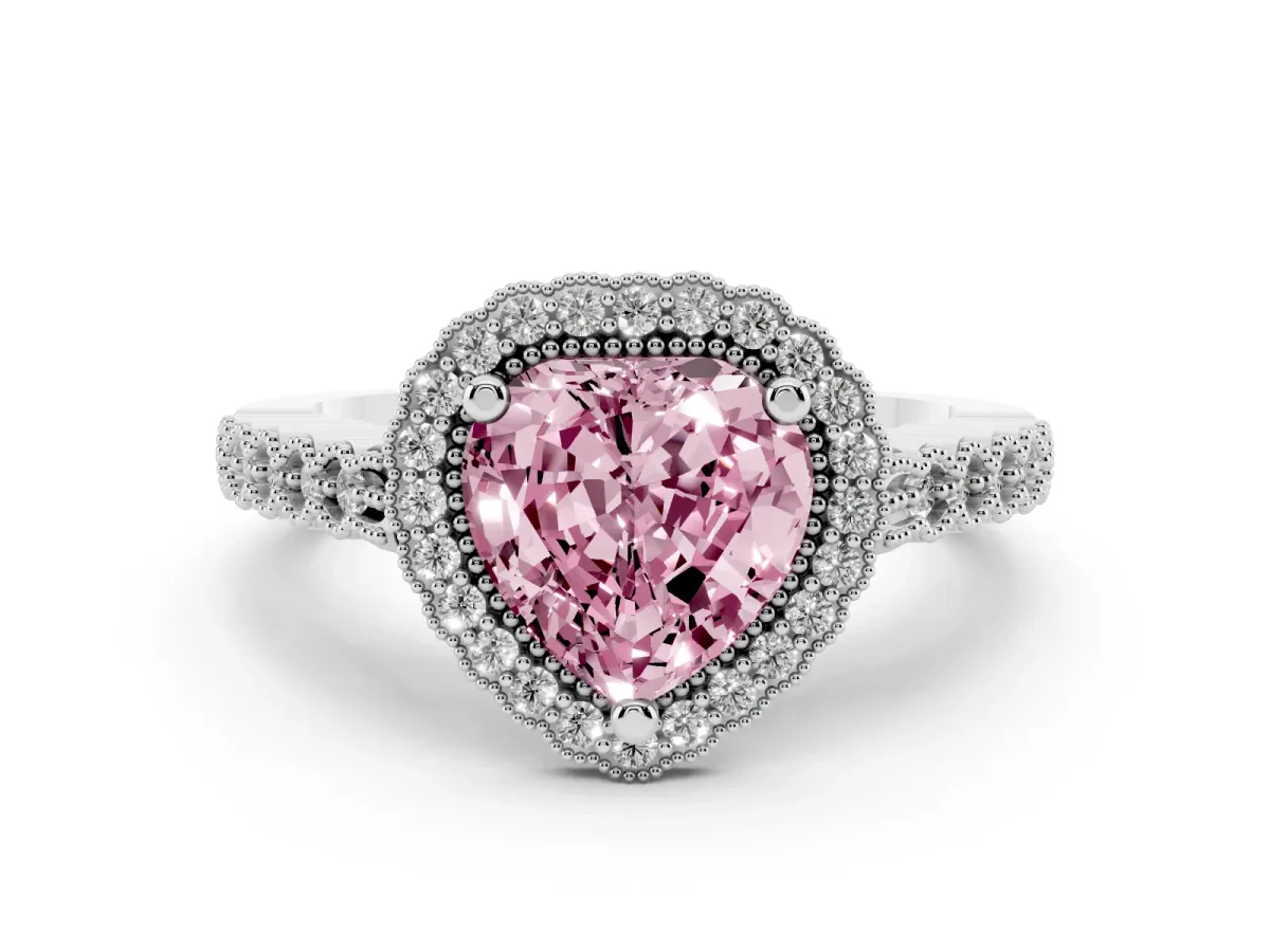 Fancy Pink Heart Cut Cut Halo Pavé Solitaire Ring with Milgrain Band Platinum