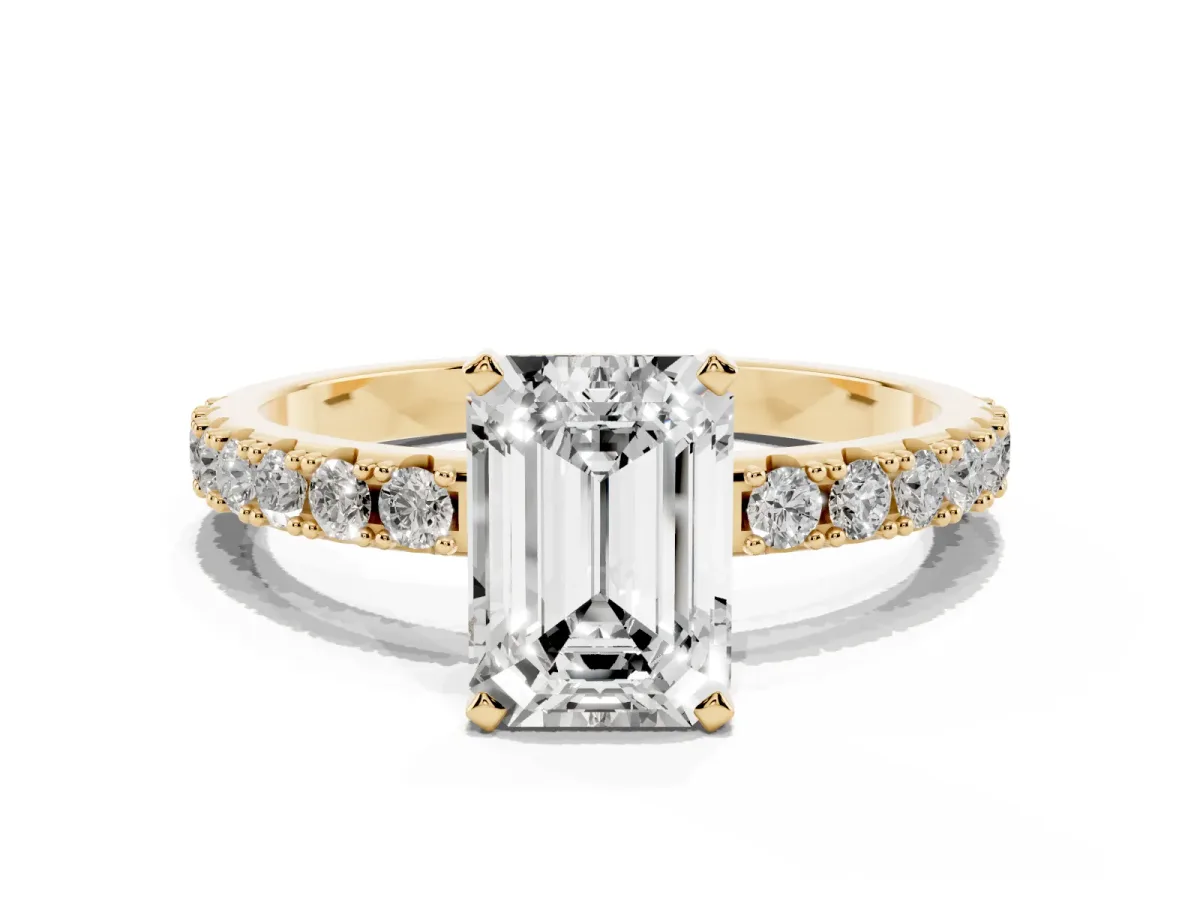 Emerald Cut Diamond Solitaire Pavé Band with Four-Prong Setting Yellow gold