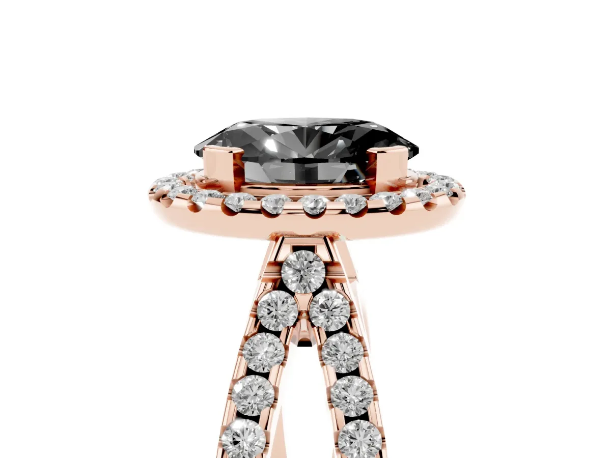 Fancy Black Oval Cut Diamond Halo Ring with Split Shank Pavé Band and Prong Setting Rose gold