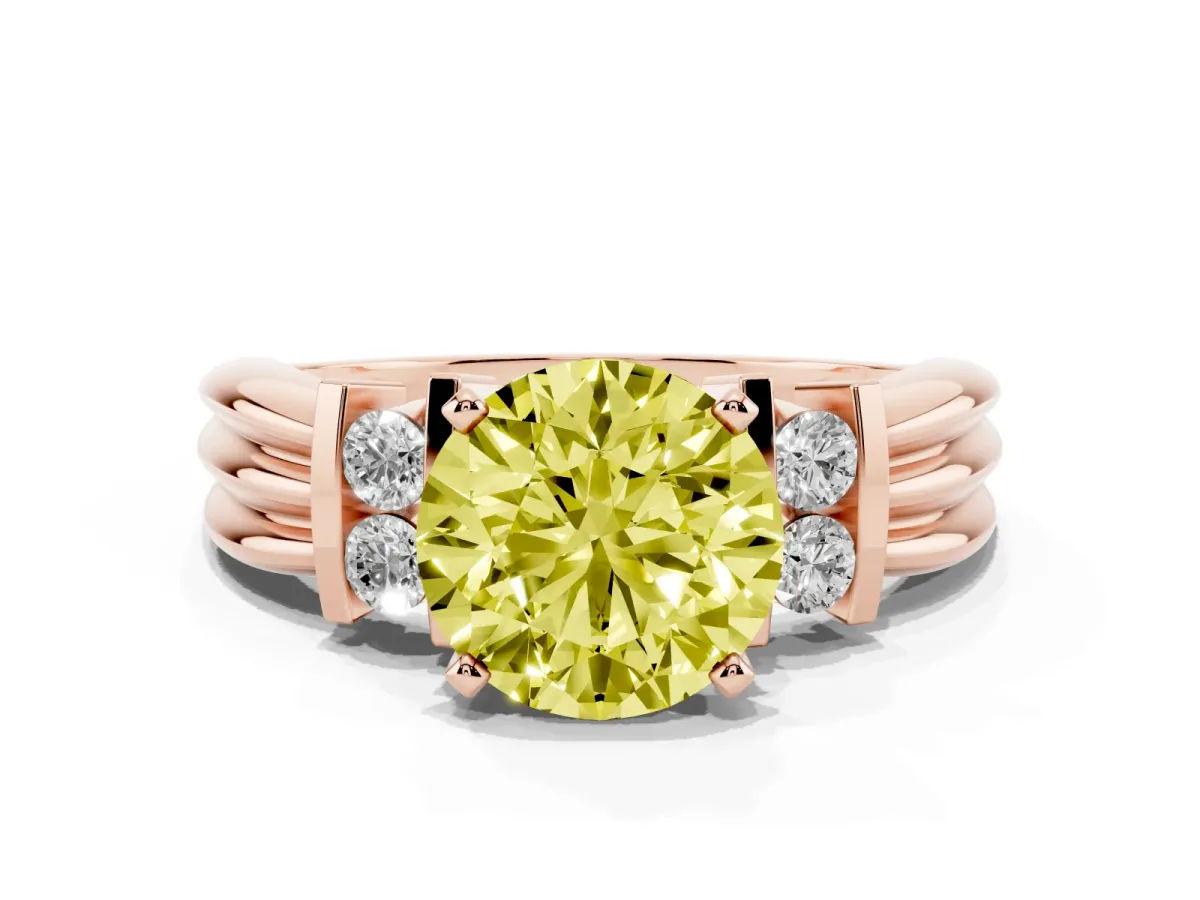 Fancy Yellow Round Cut Cut Three-Stone Channel Set Ring with Bar Prongs Rose gold