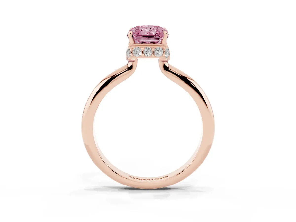 Fancy Pink Radiant Cut Brilliant Solitaire Engagement Ring with Six-Prong Setting and Classic Band Rose gold