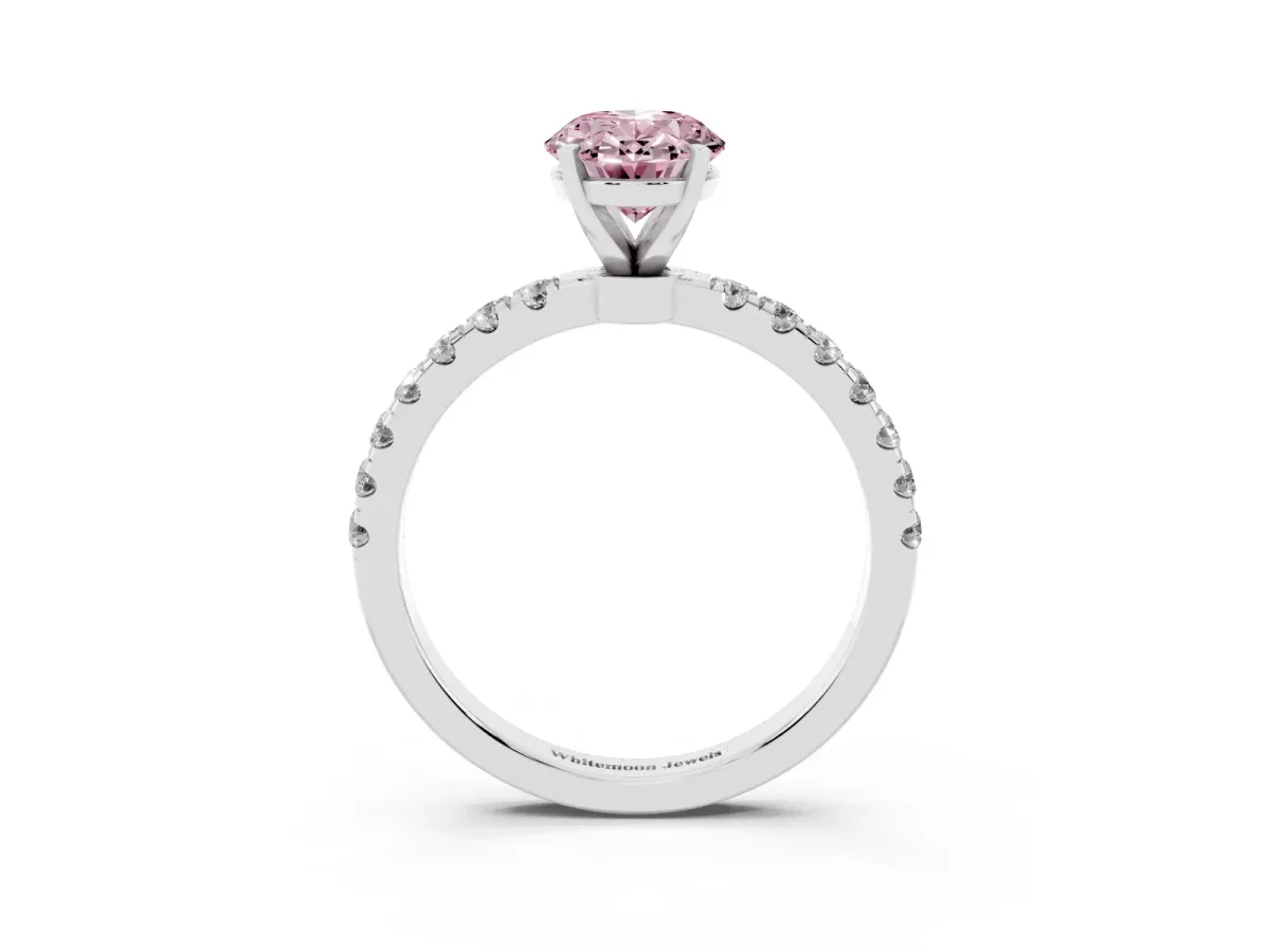 Fancy Pink Oval Cut Diamond Solitaire Ring with Pavé Accents and Four-Prong Setting Platinum