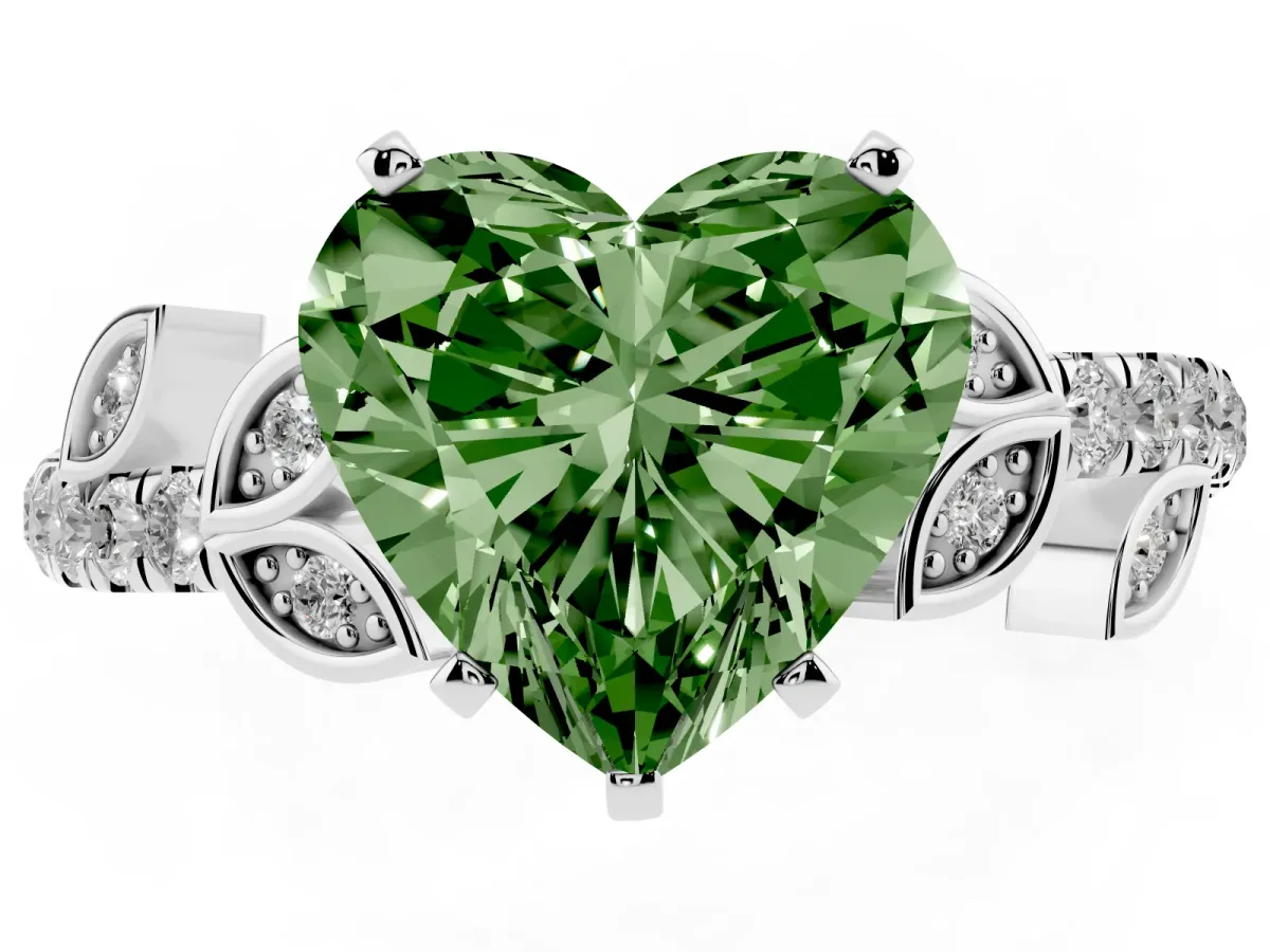 Fancy Green Heart Cut Solitaire Leaf-Inspired Diamond Ring with Pavé Band and Four-Prong Setting Silver