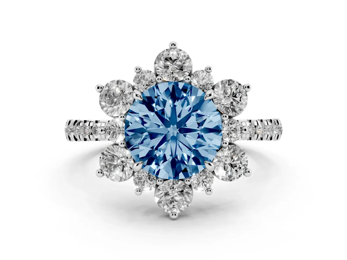 Fancy Blue Round Cut Diamond Floral Halo Ring with Round Pavé Band and Prong Setting Silver