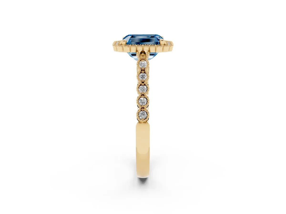 Fancy Blue Radiant Cut Cut Halo Pavé Solitaire Ring with Milgrain Band Yellow gold