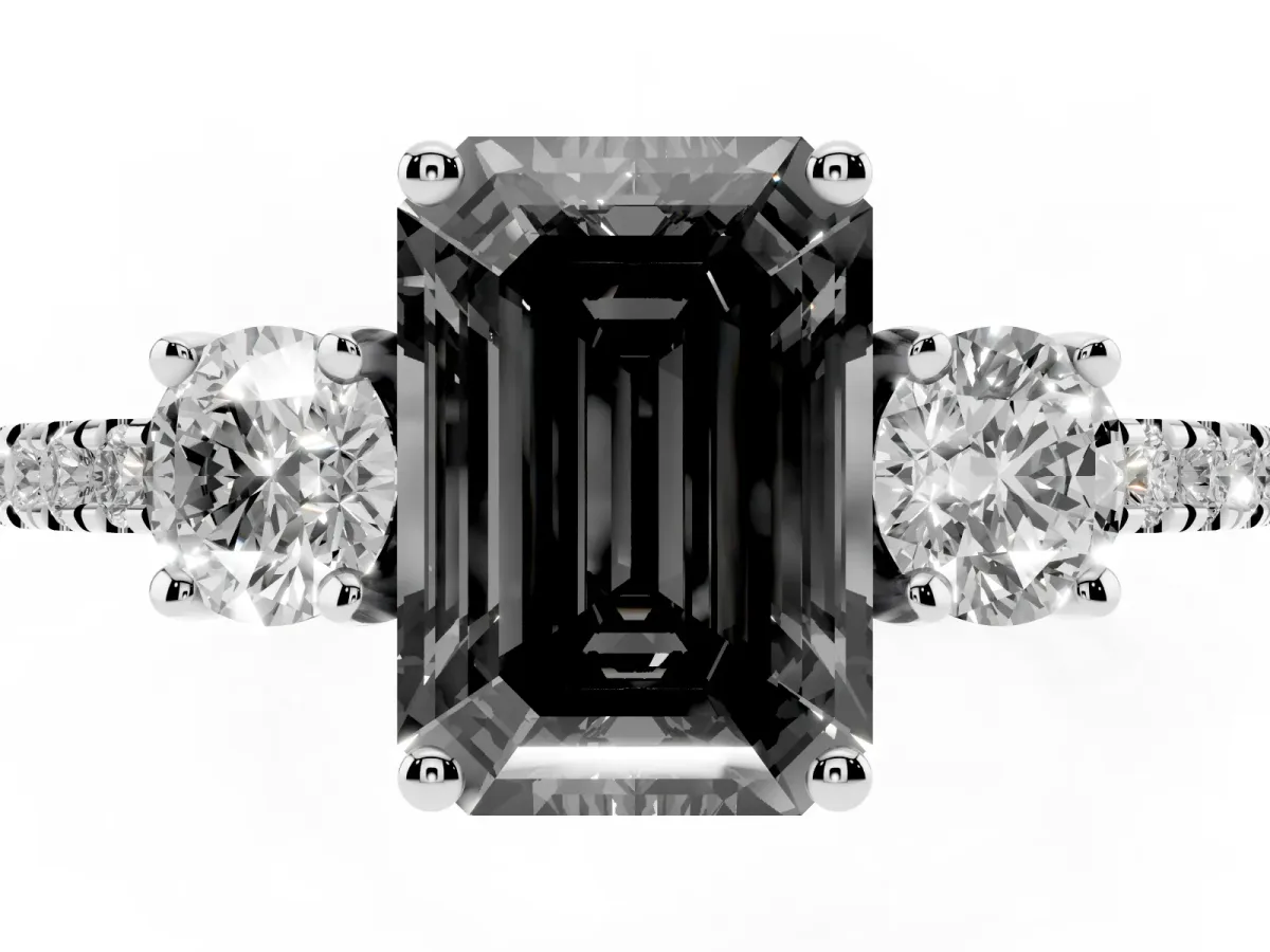 Fancy Black Three-Stone Emerald Cut Cut Diamond Pavé Band with Prong Setting Silver