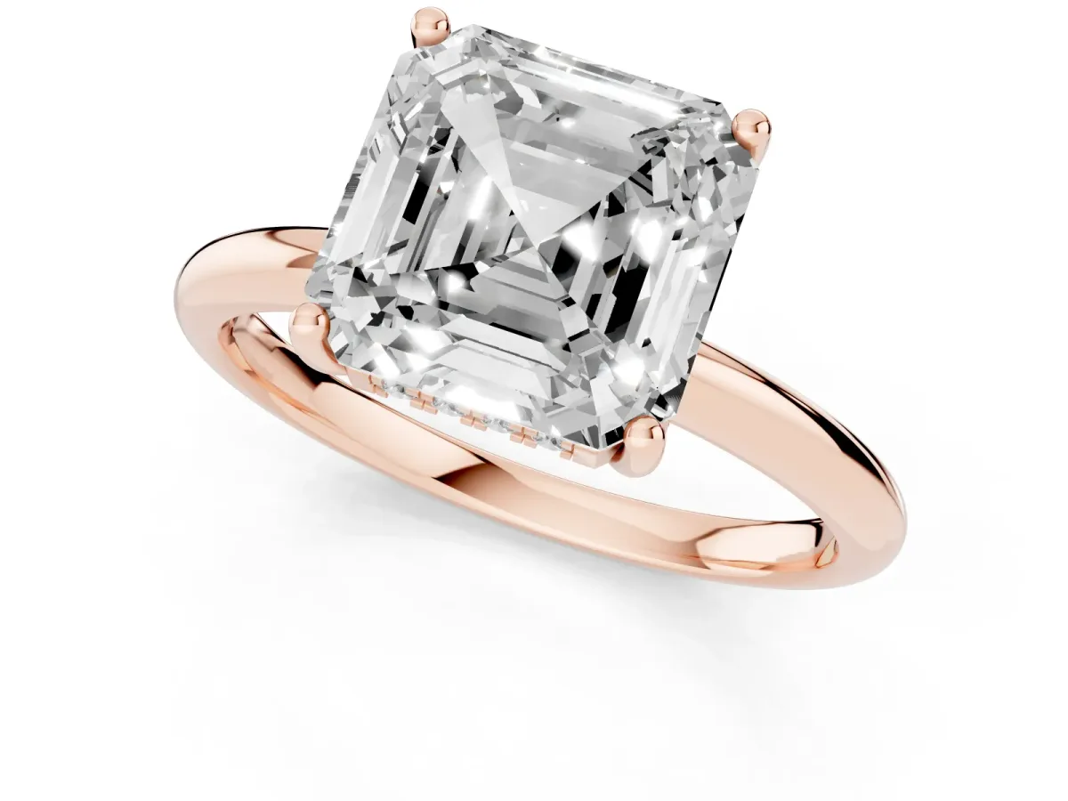 Asscher Cut Cut Solitaire Engagement Ring with Four-Prong Setting and Classic Band Rose gold