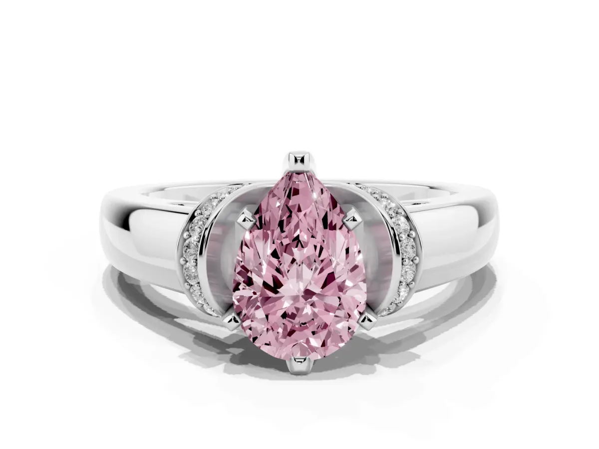 Fancy Pink Pear Cut Solitaire Diamond Ring with Pave Band and Six-Prong Setting Silver