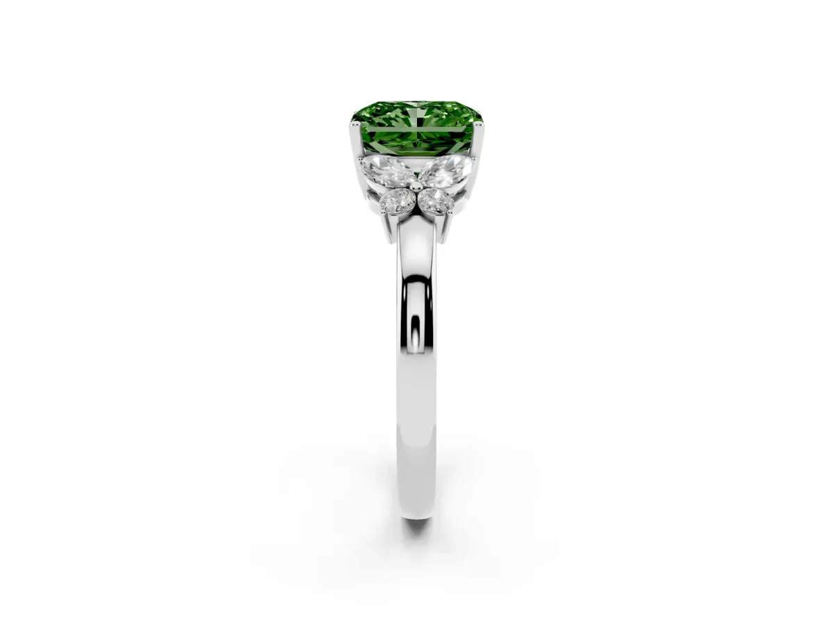 Fancy Green Radiant Cut Cut Solitaire Floral Diamond Ring with Four-Prong Setting Silver