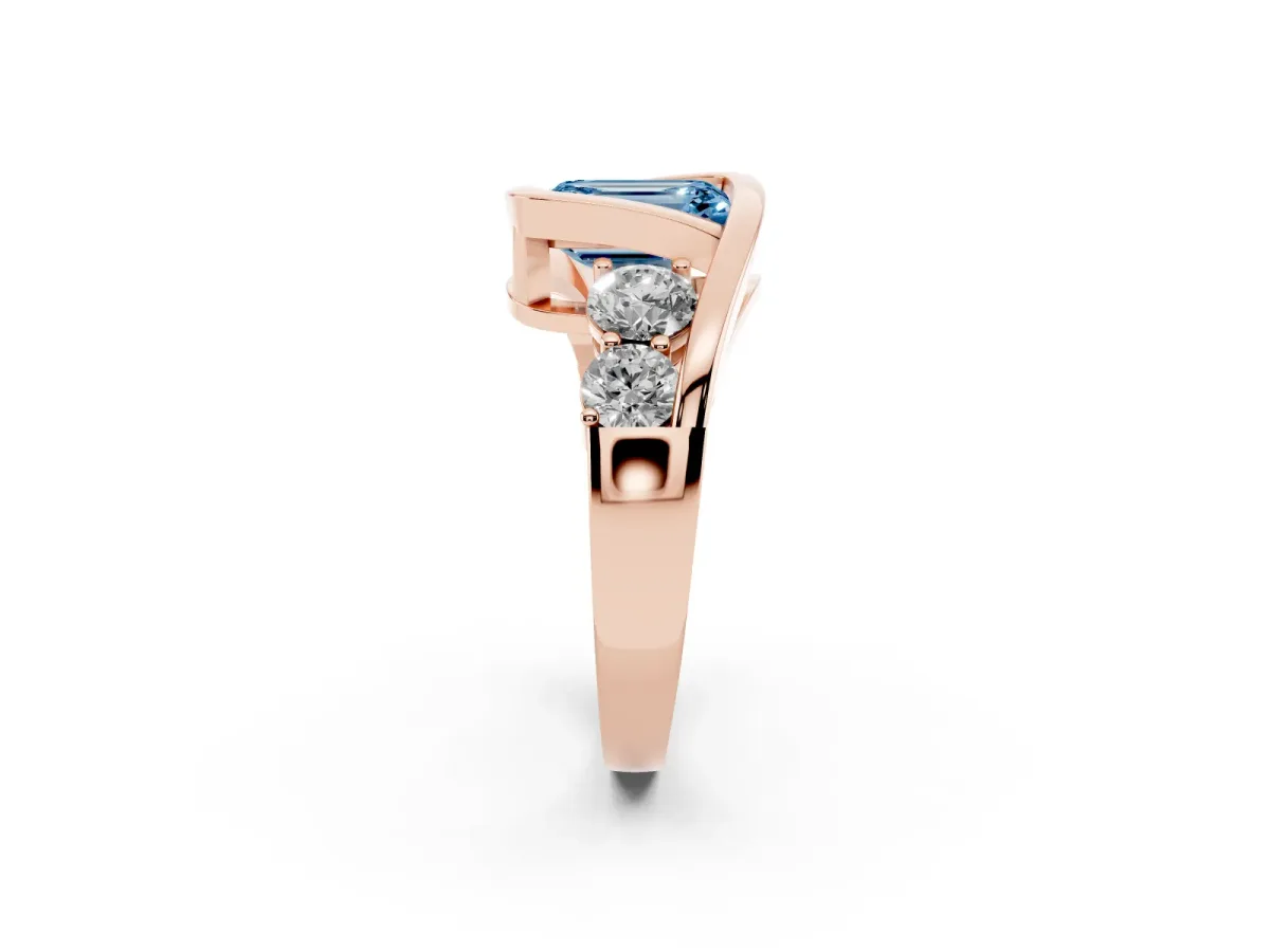 Fancy Blue Bezel Set Emerald Cut Diamond Bypass Ring with Round Accents Rose gold