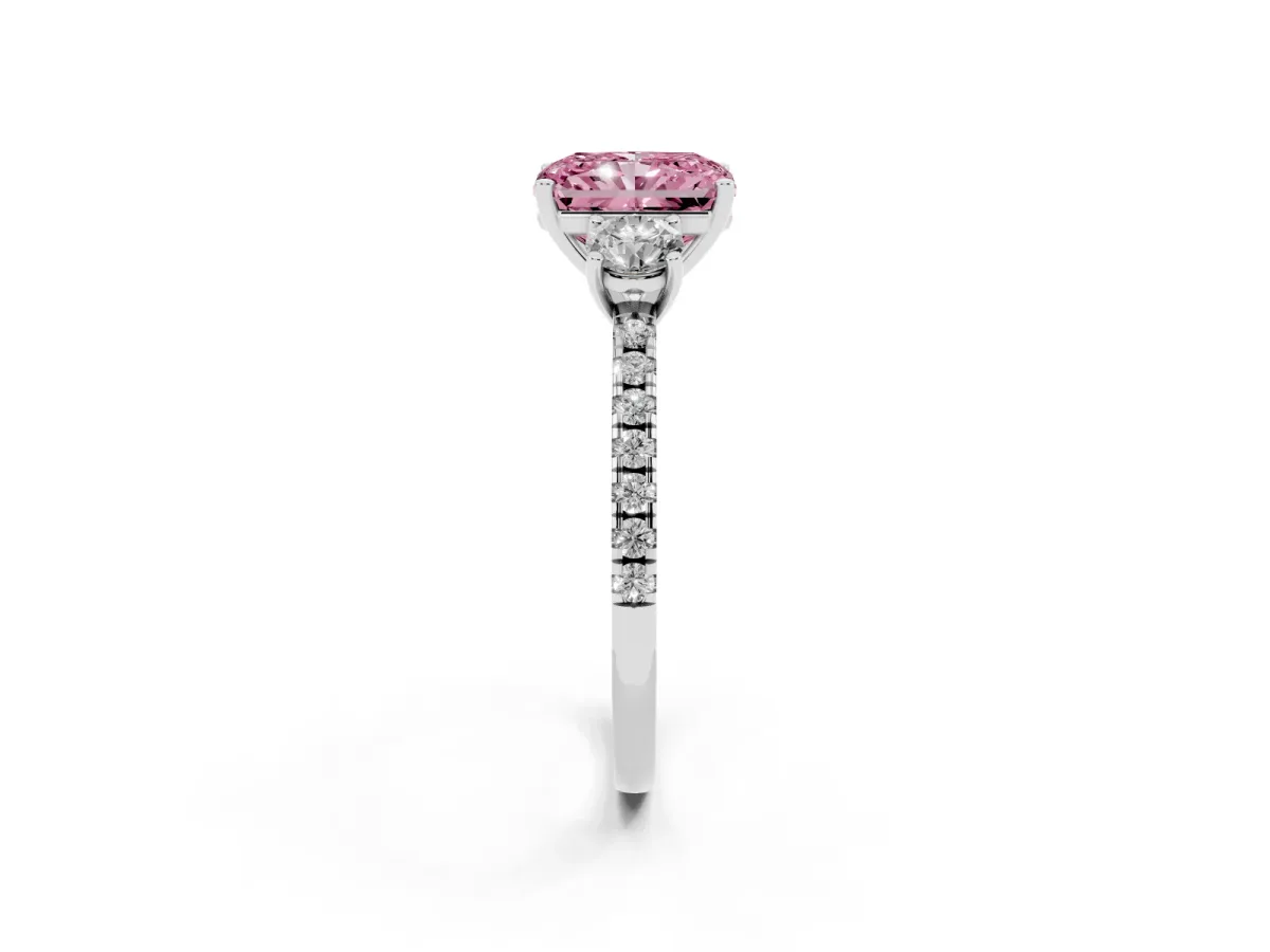 Fancy Pink Three-Stone Radiant Cut Cut Diamond Pavé Band with Prong Setting Silver
