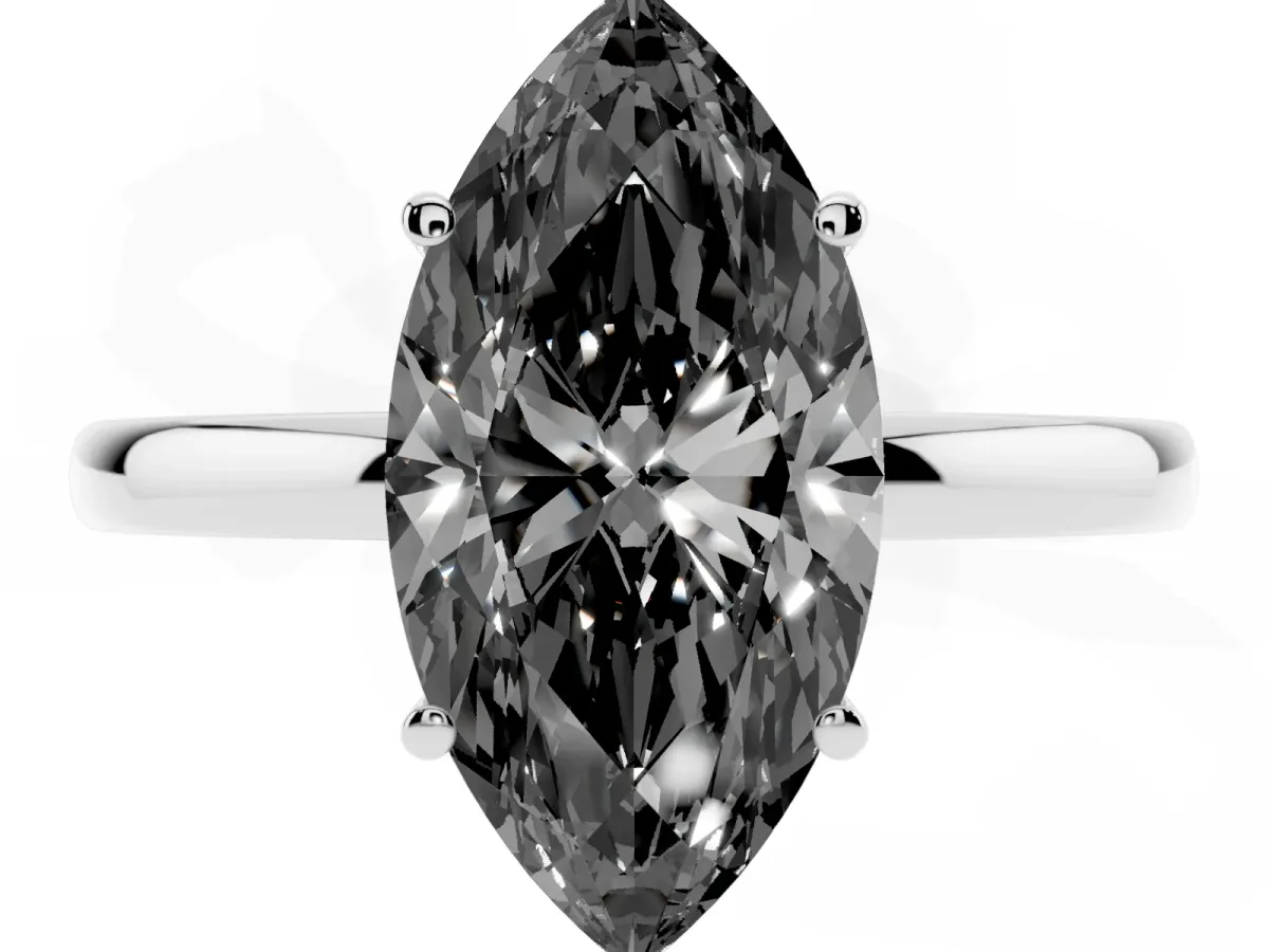 Fancy Black Marquise Cut Solitaire Diamond Ring with Prong Setting and Plain Band White gold