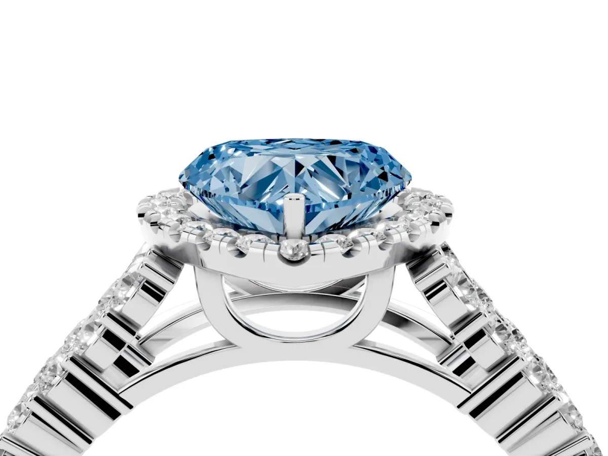 Fancy Blue Heart Cut Diamond Halo Engagement Ring with Triple Row Round Pavé Band and Prong Setting White gold