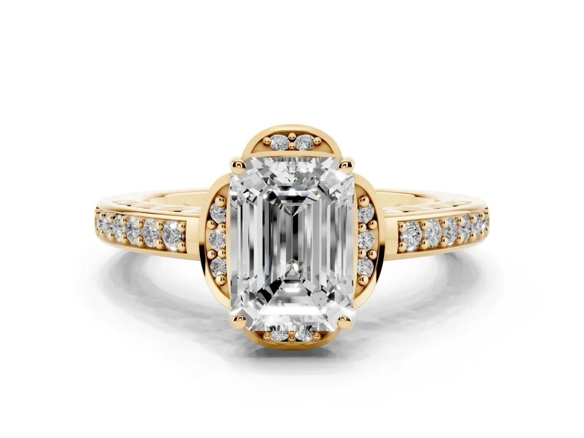 Emerald Cut Cut Halo Diamond Ring with Channel Set Band and Four-Prong Setting Yellow gold