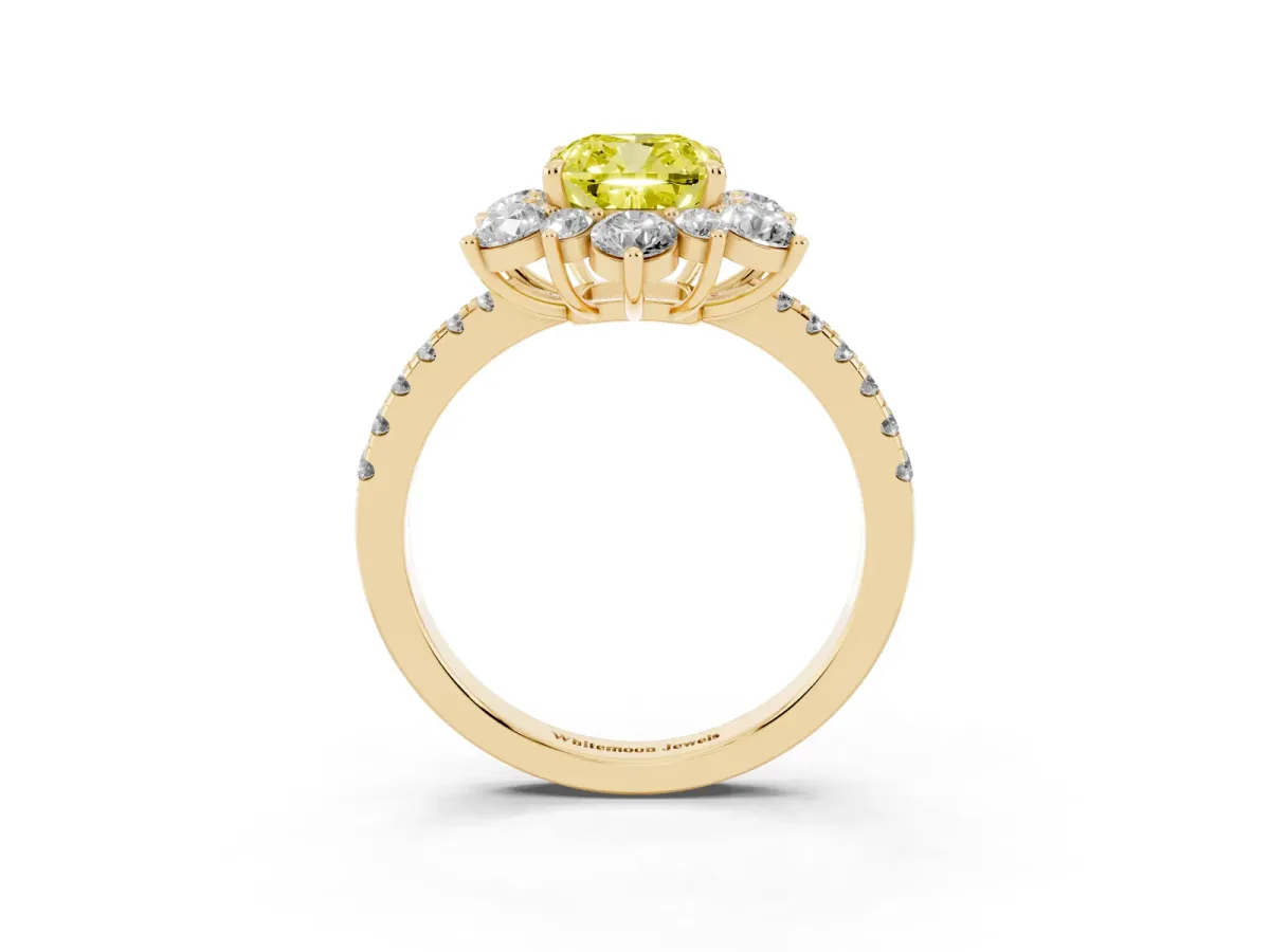 Fancy Yellow Cushion Cut Diamond Floral Halo Ring with Round Pavé Band and Prong Setting Yellow gold